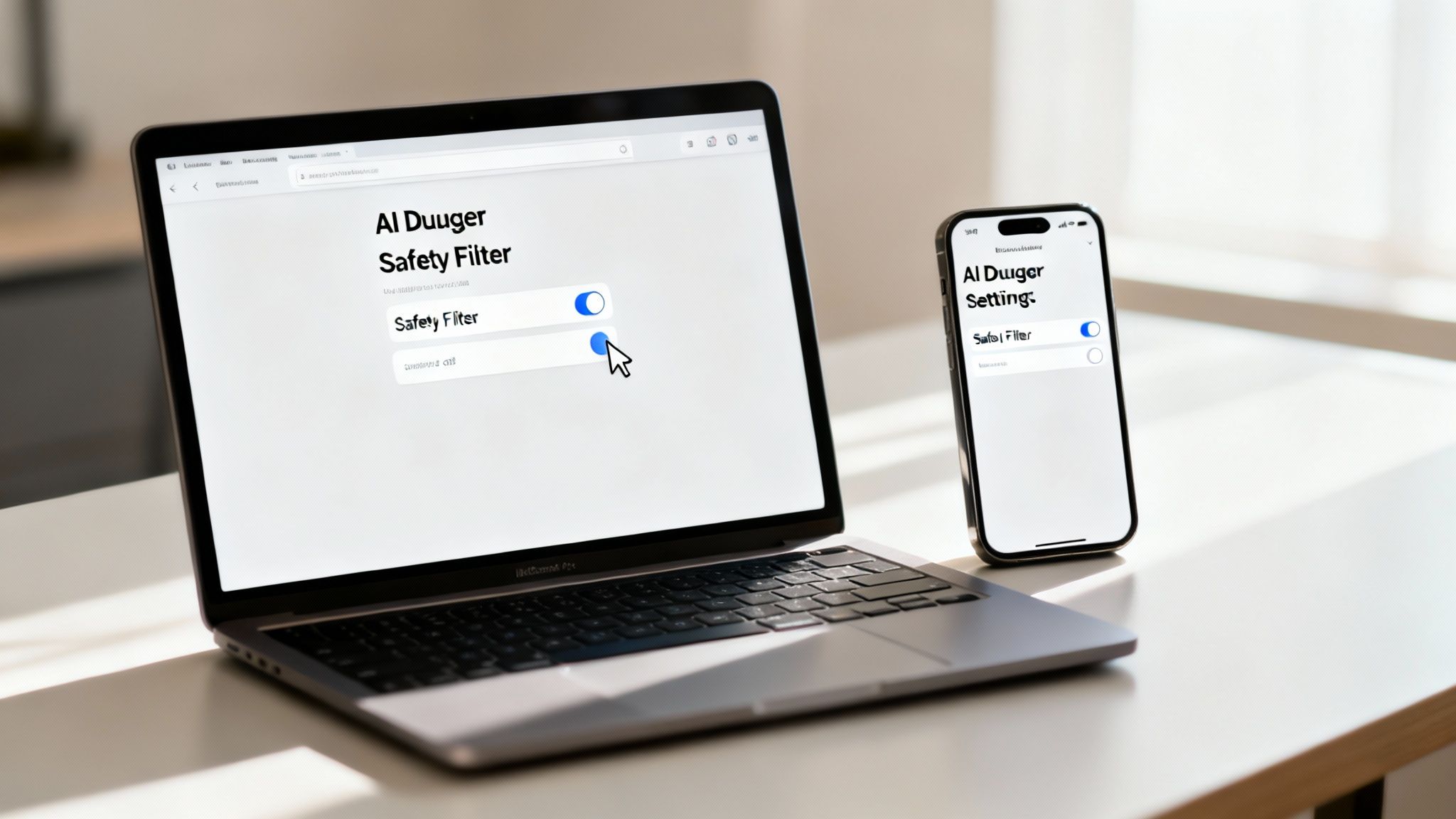 Laptop and smartphone displaying AI Duuger Safety Filter settings with toggles on a modern desk.