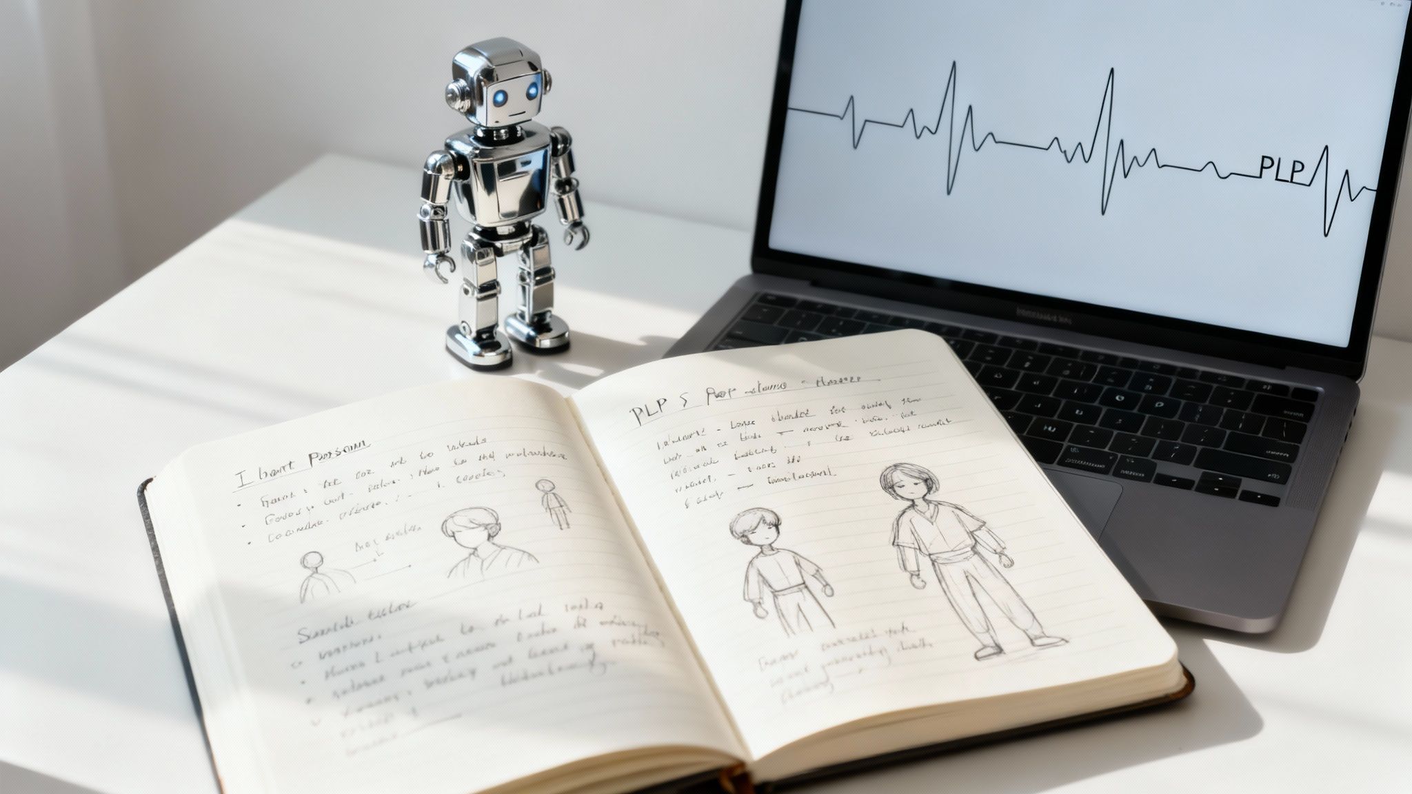 A person building a digital character on a futuristic interface, representing persona design.