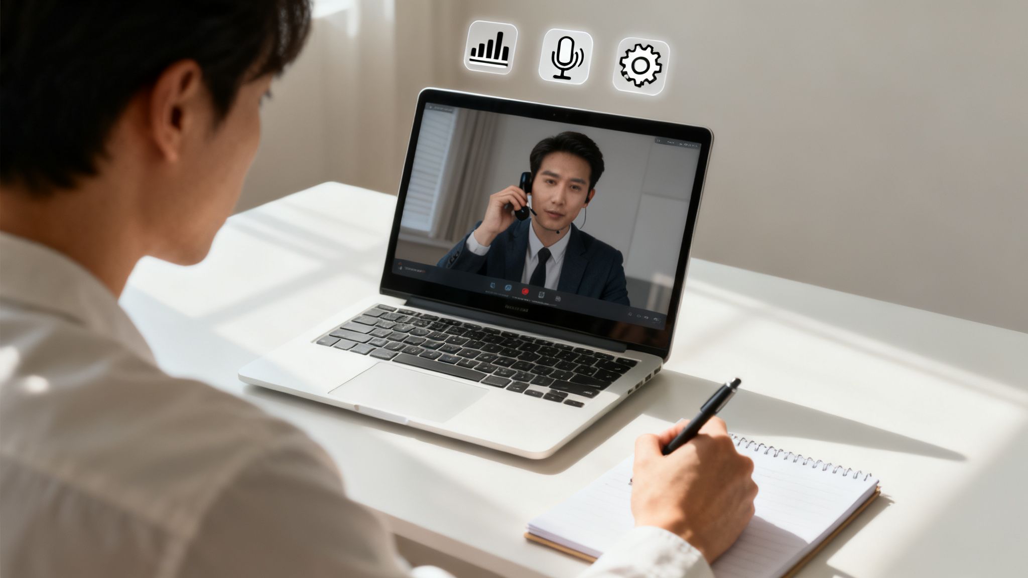 Person watching a video call on a laptop while taking notes, with virtual meeting icons.