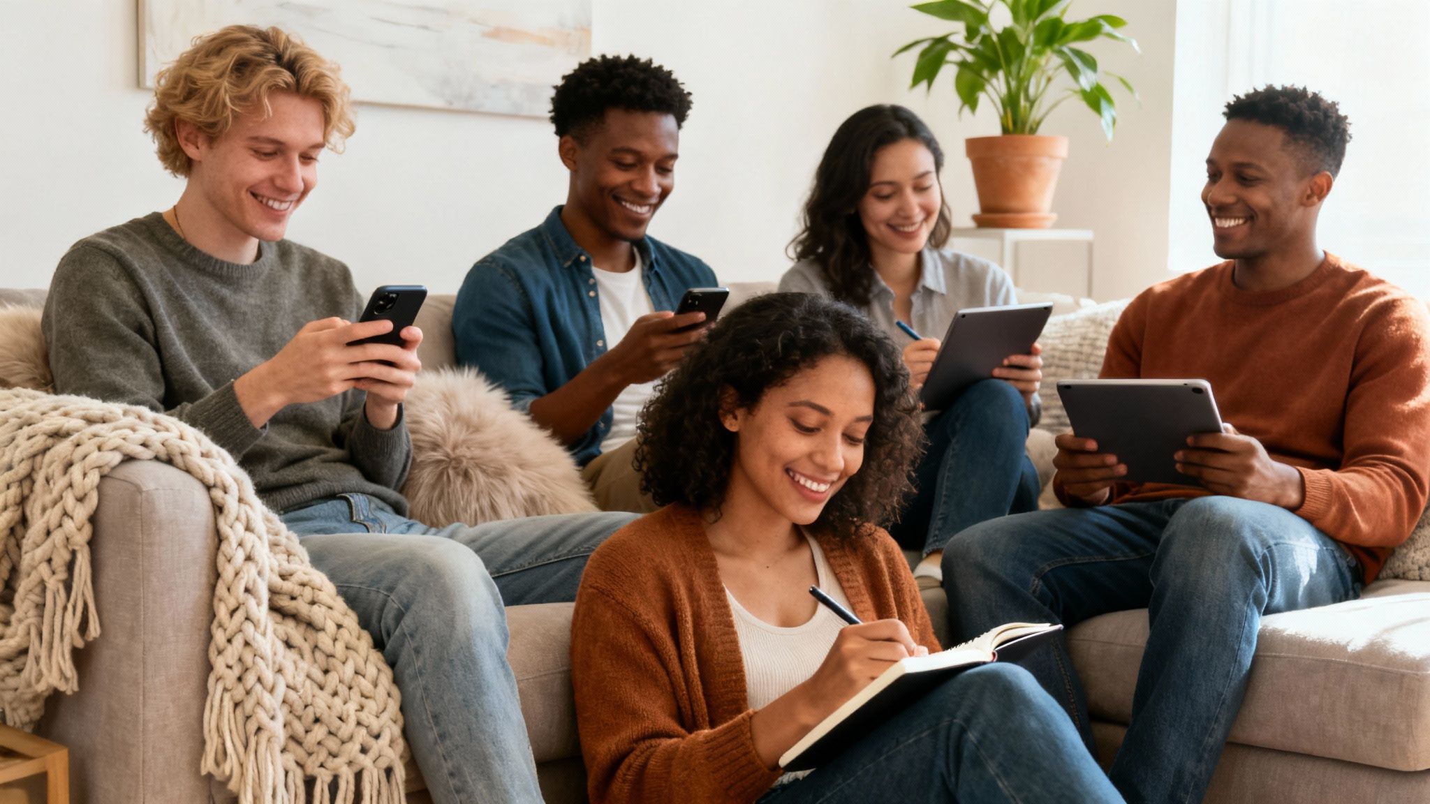Group of happy students collaborating on studies with technology in a cozy living room.
