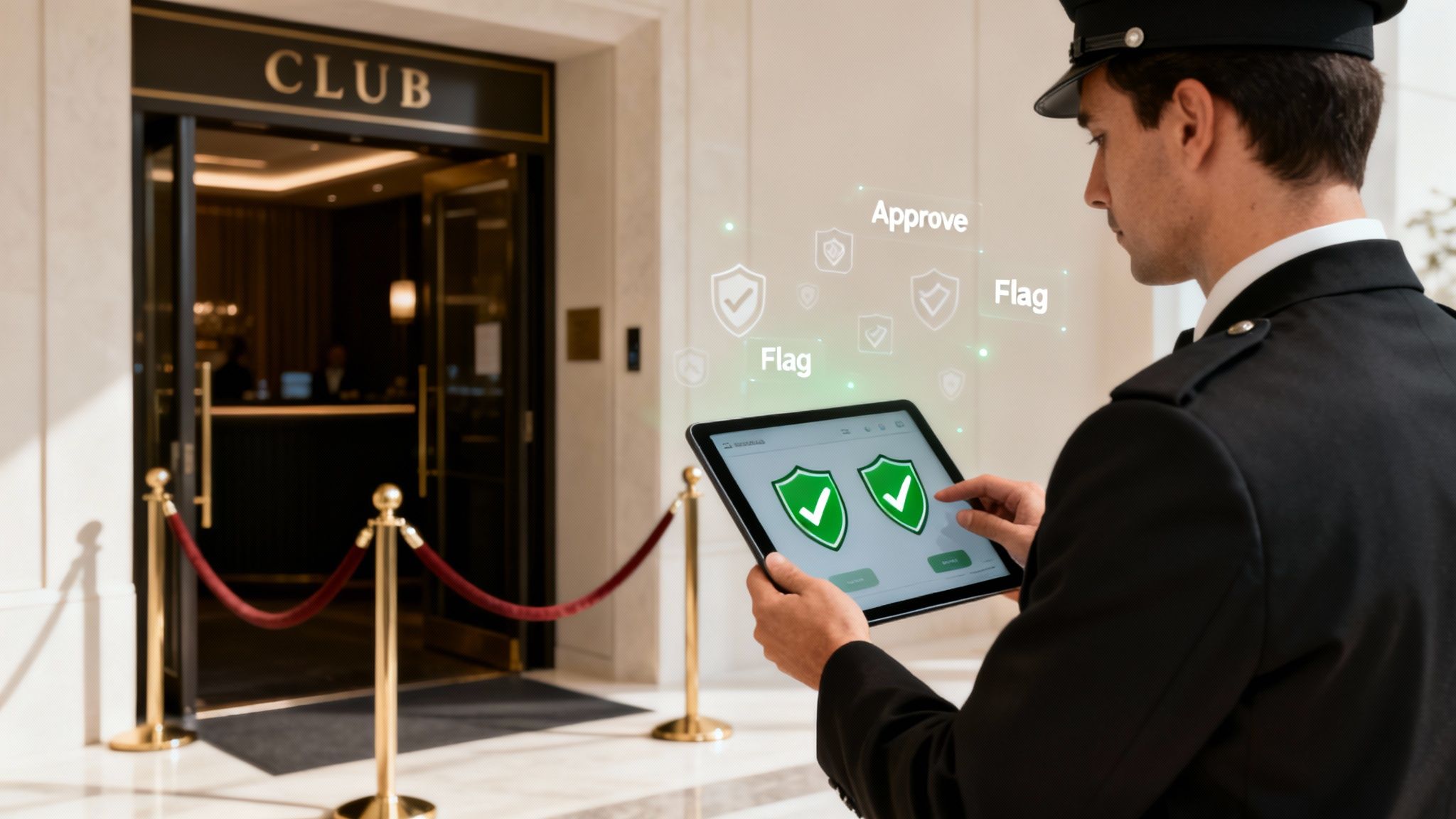 A security guard in uniform uses a tablet for access control at a club entrance.
