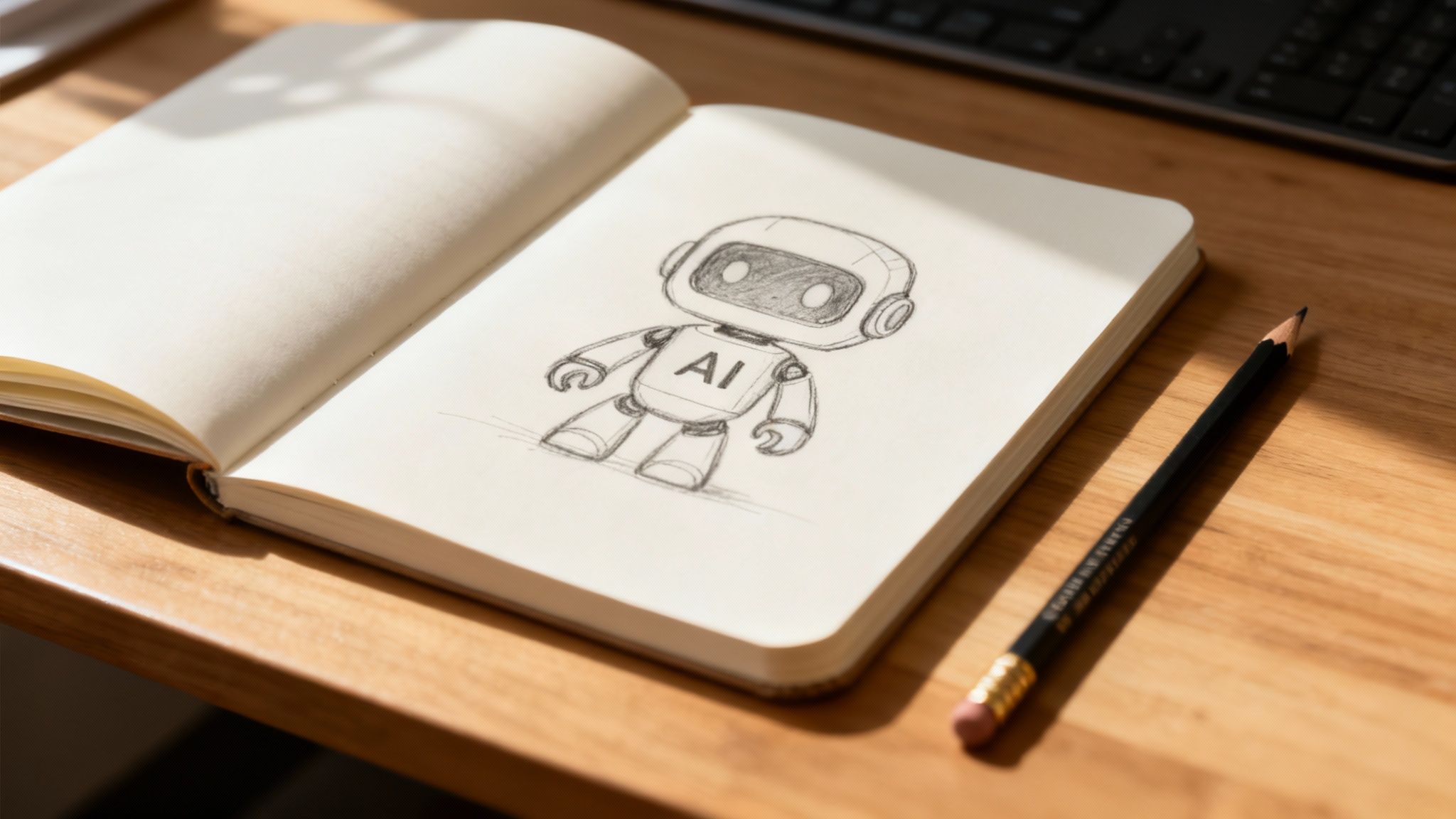 A digital artist sketching a character concept on a tablet, with glowing lines forming the persona.
