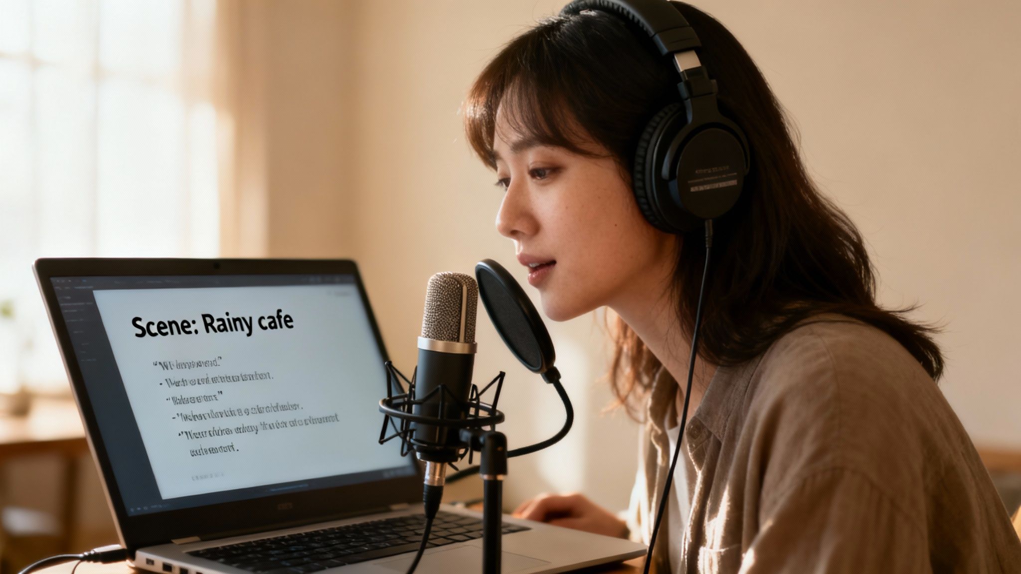 A young woman wearing headphones records a voiceover, speaking into a microphone while reading a script on a laptop.
