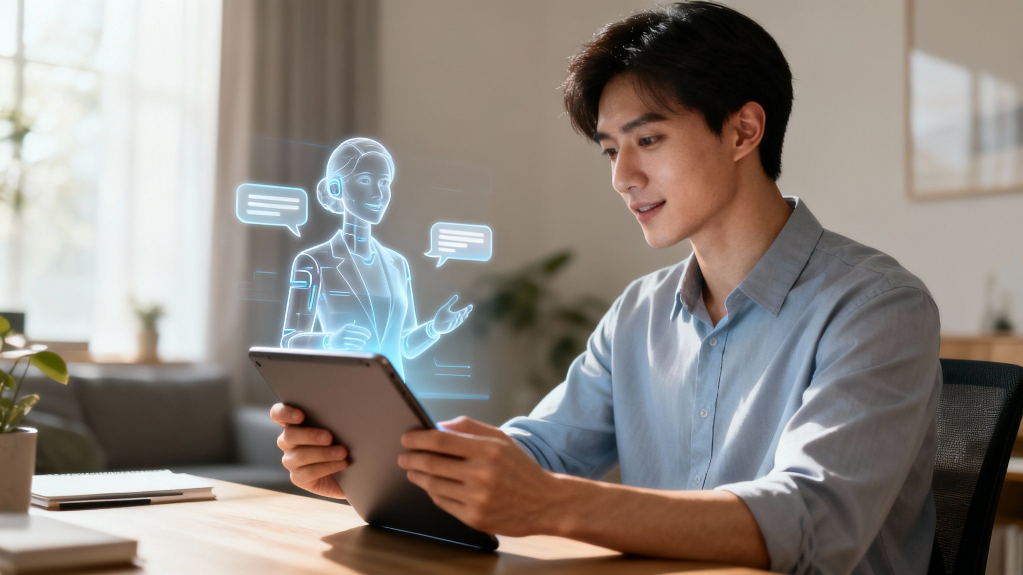 Asian man using a tablet to have a virtual conversation with a holographic AI assistant.