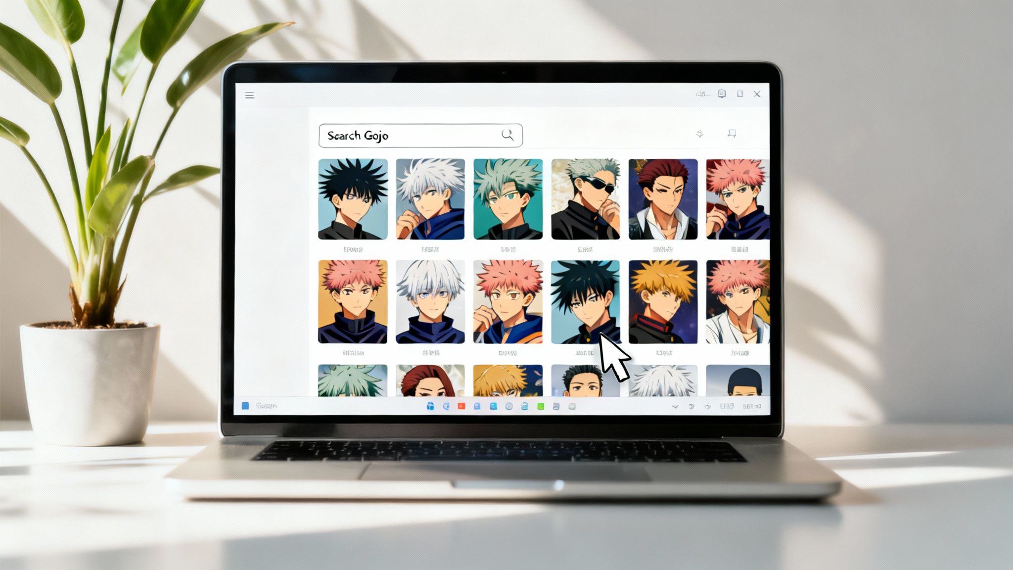 Laptop on a clean desk displaying anime character images from a 'Search Gojo' query.