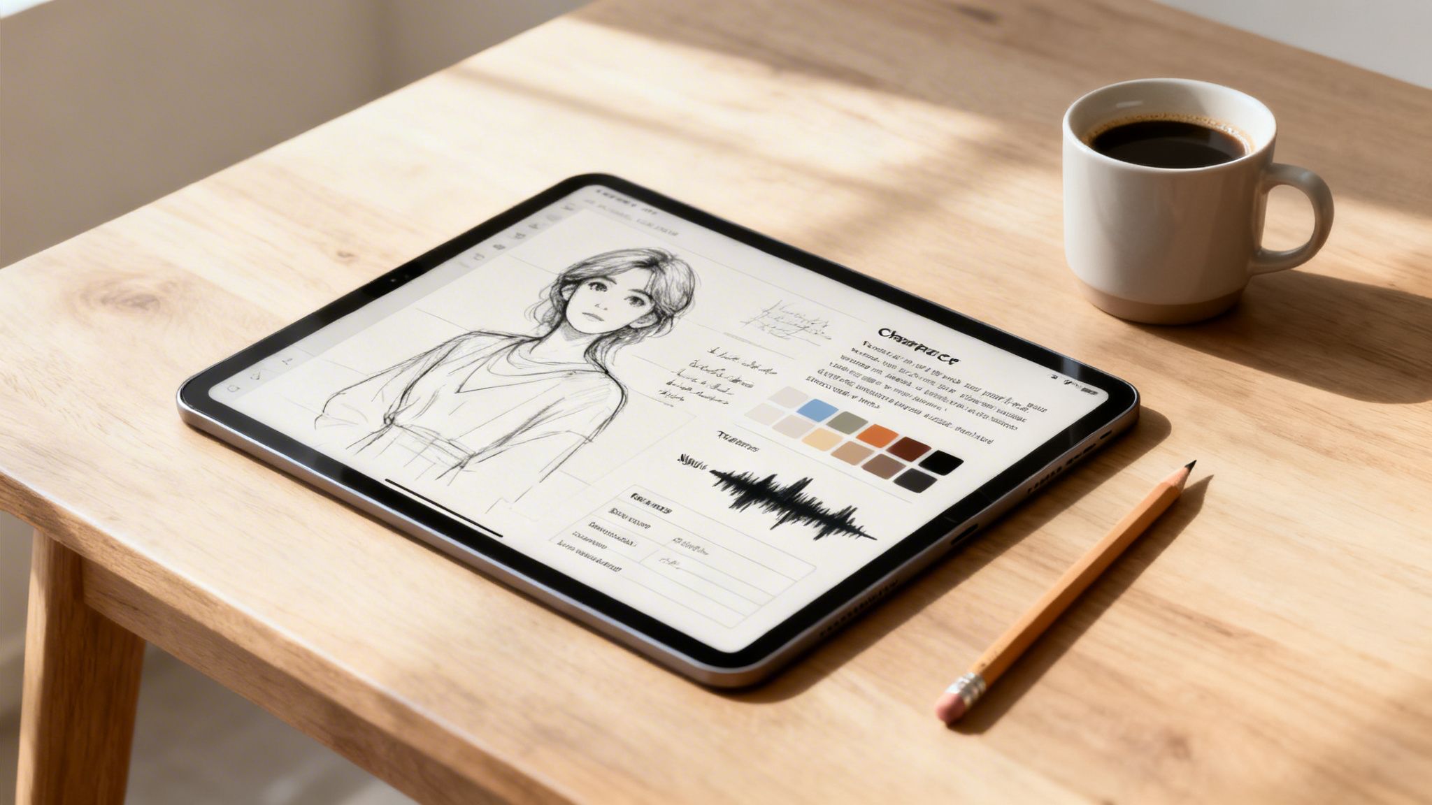 A digital sketch of a character on a tablet with a coffee cup and pencil on a wooden desk.
