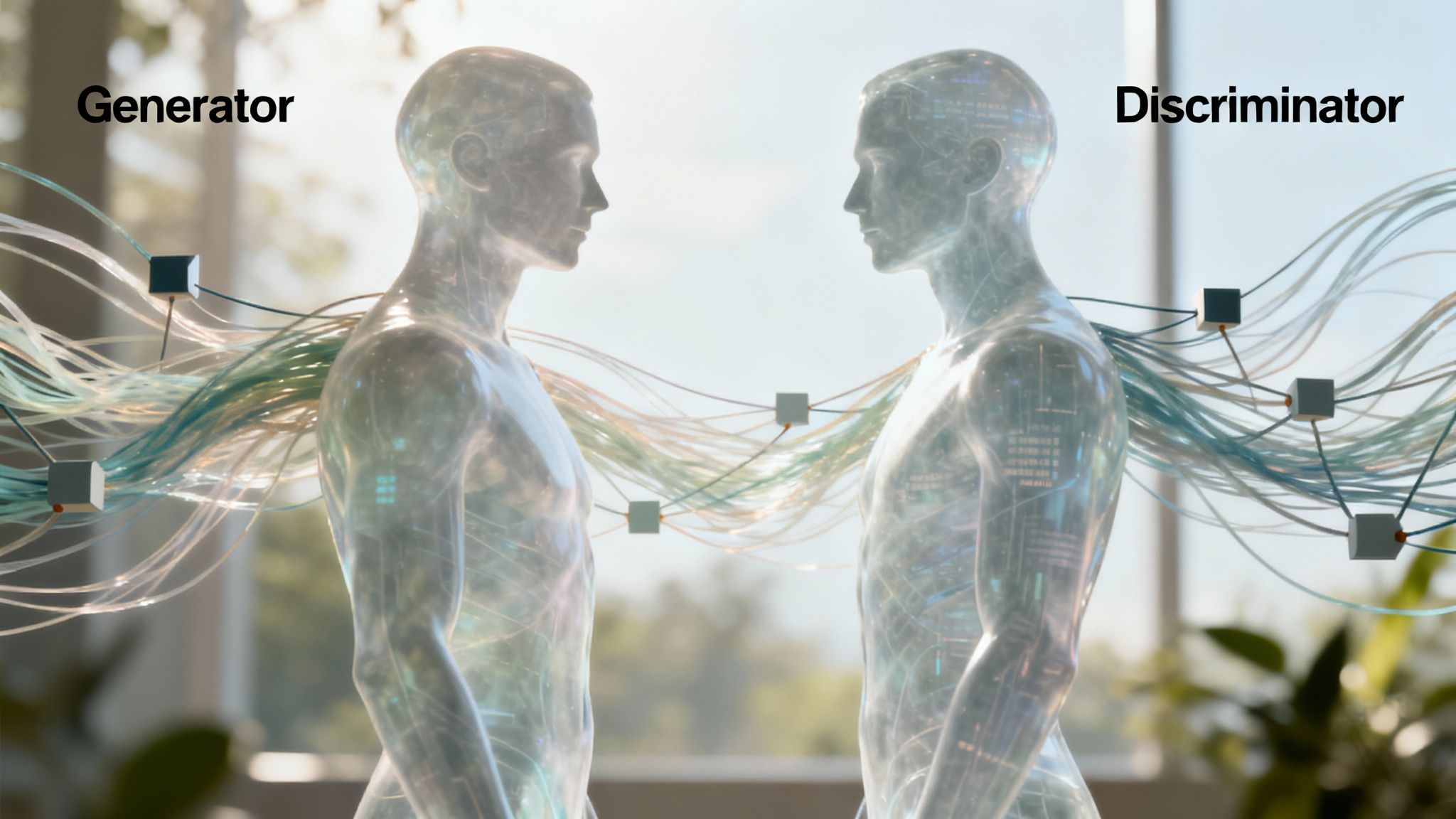 A network of glowing digital nodes and lines, representing the complex technology behind AI creativity.
