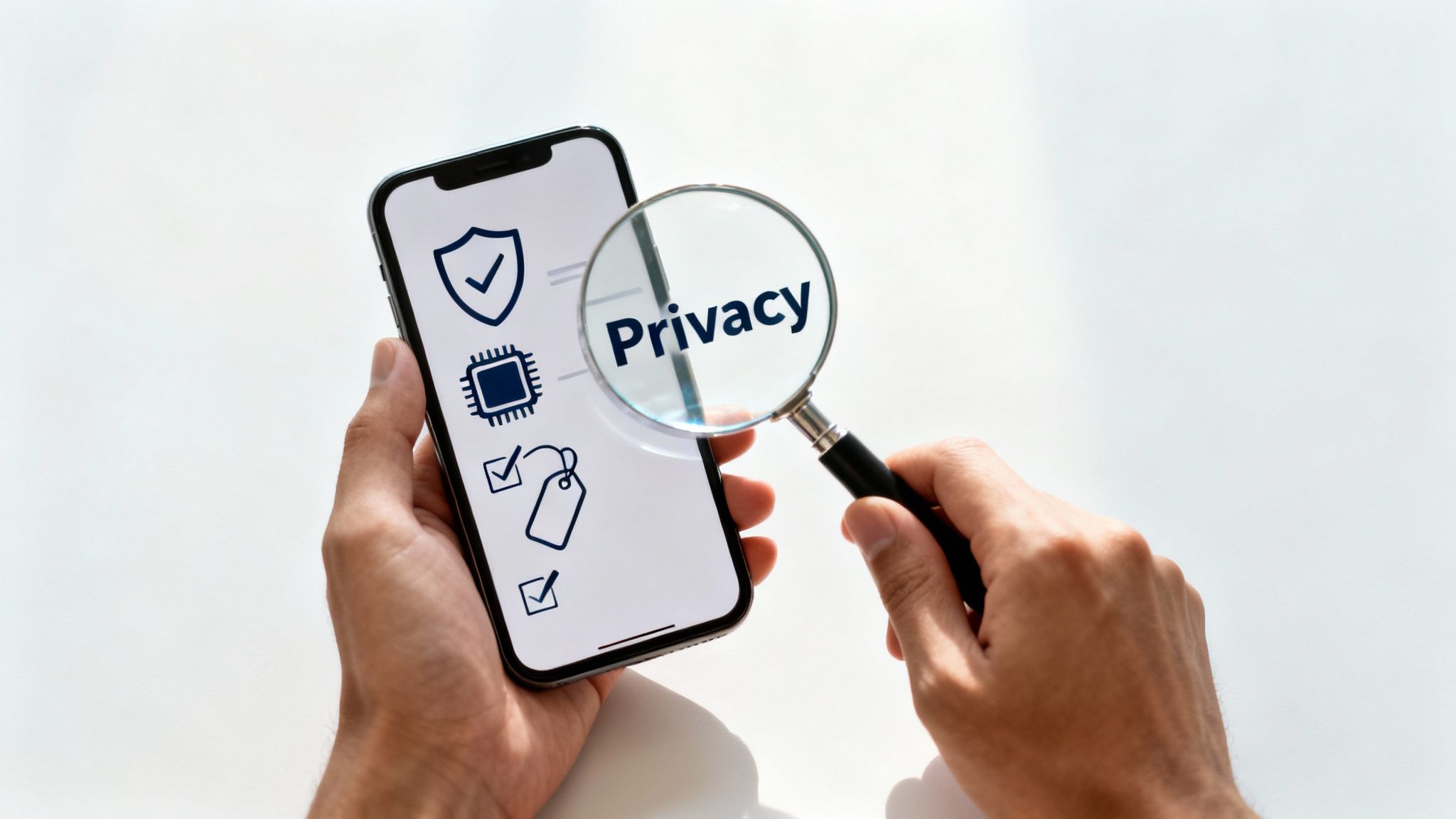Hands hold a smartphone with security icons, a magnifying glass highlights the word 'Privacy' on its screen.