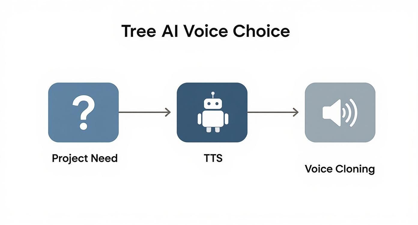 Flowchart showing AI voice choice process from project need to text-to-speech (TTS) and voice cloning.
