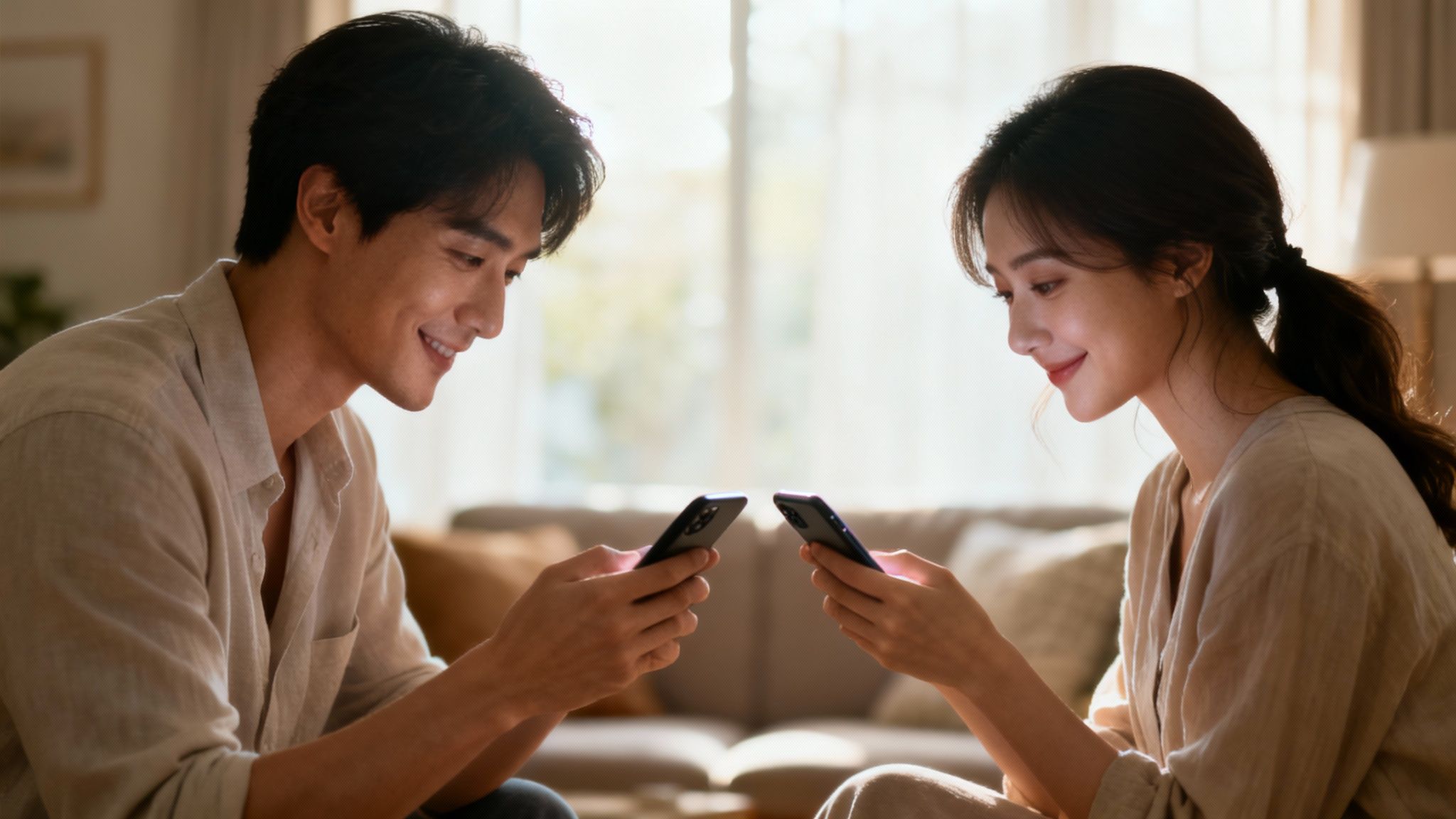 Close-up of a person's lips as they smile while looking at their phone, suggesting a fun and intimate chat.
