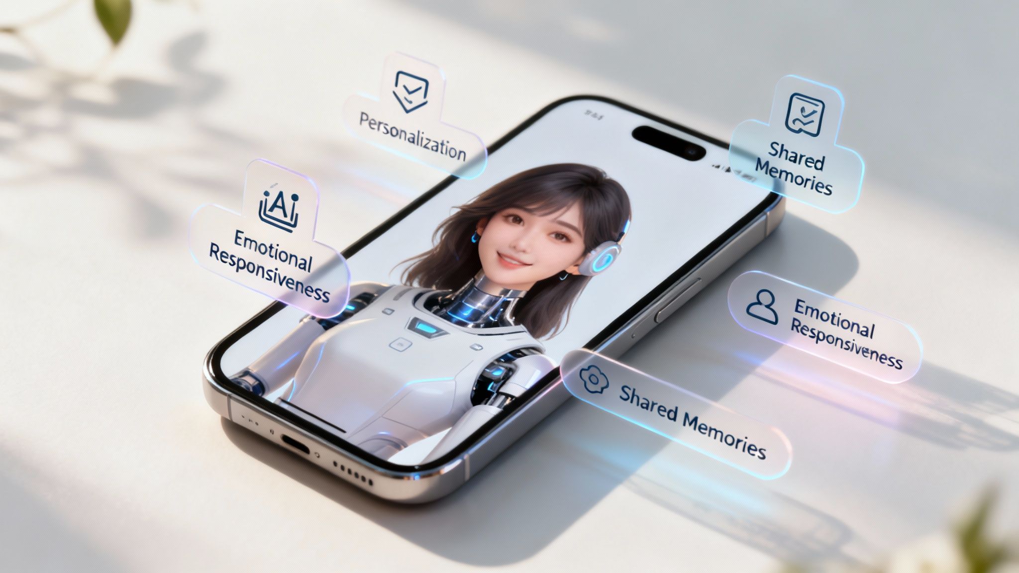A person interacting with an AI girlfriend on their phone, showing a deep and connected expression.