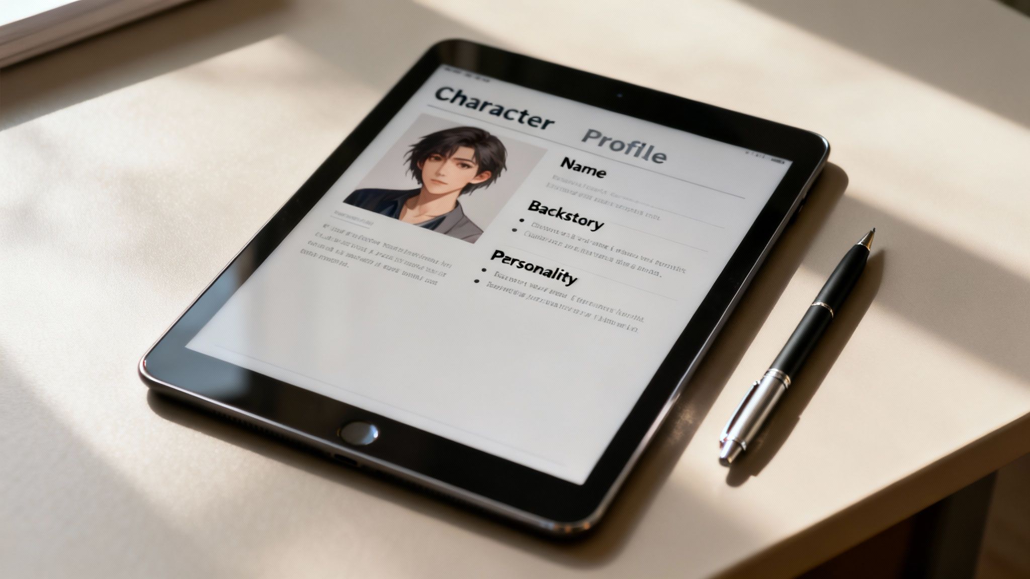 Tablet displaying an anime character profile with a dark-haired boy and text, next to a pen.