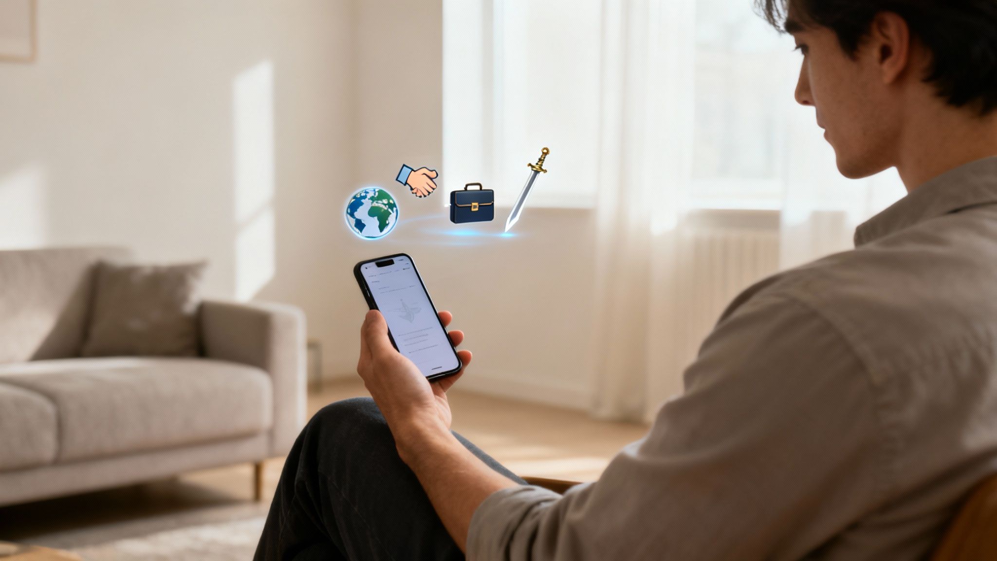 A person using a roleplay AI chat bot on their phone, with imaginative characters appearing around them.