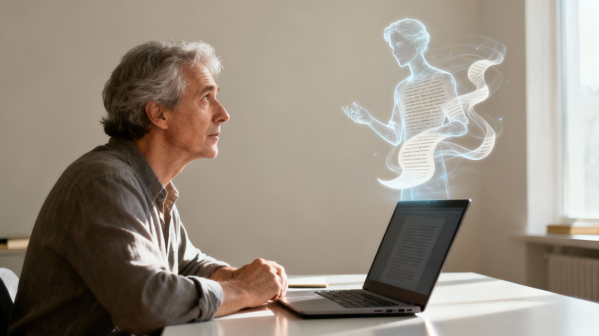 Mature man working on laptop with holographic AI assistant projection displaying text content