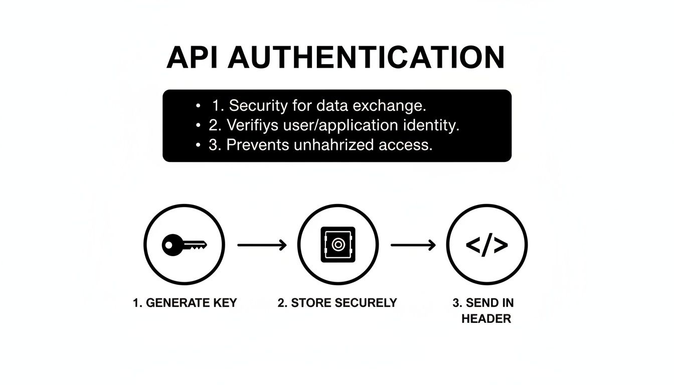 Diagram explaining API authentication process with steps: generate key, store securely, and send in header.
