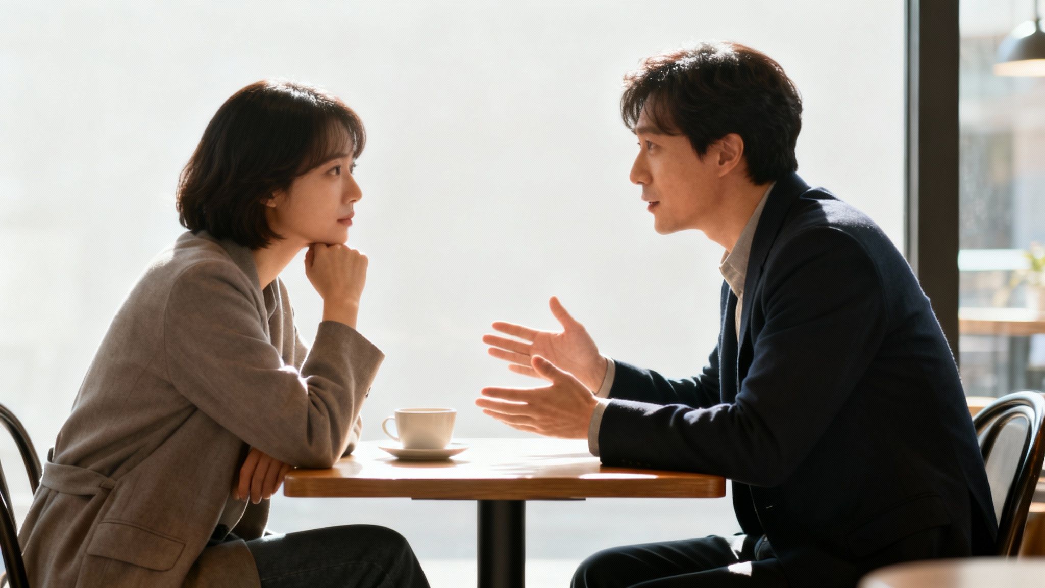 Two people in a bright cafe, a woman listening to a man speaking with hand gestures.