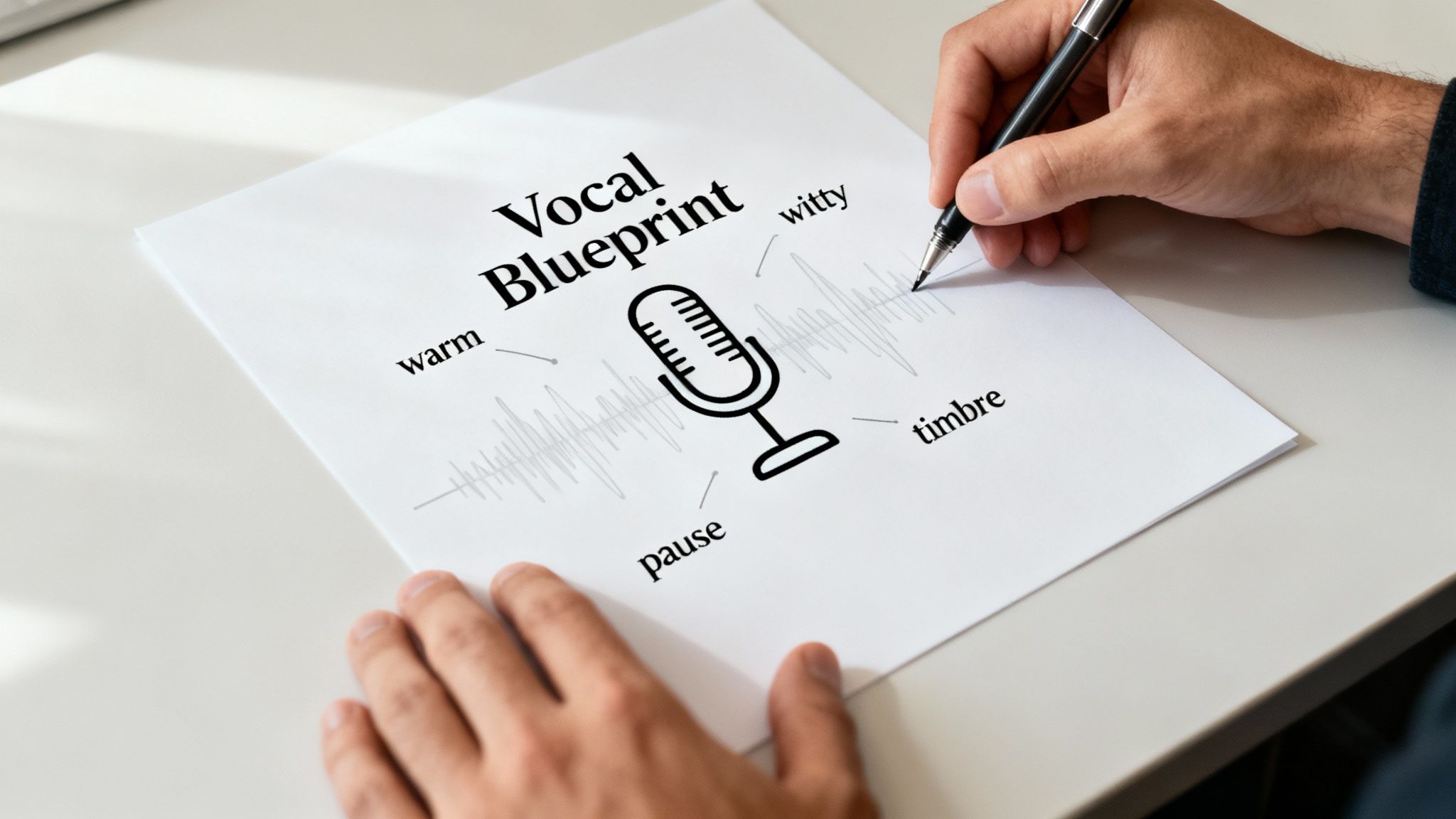 A person's hands are writing on a 'Vocal Blueprint' document with a microphone icon and vocal attributes.