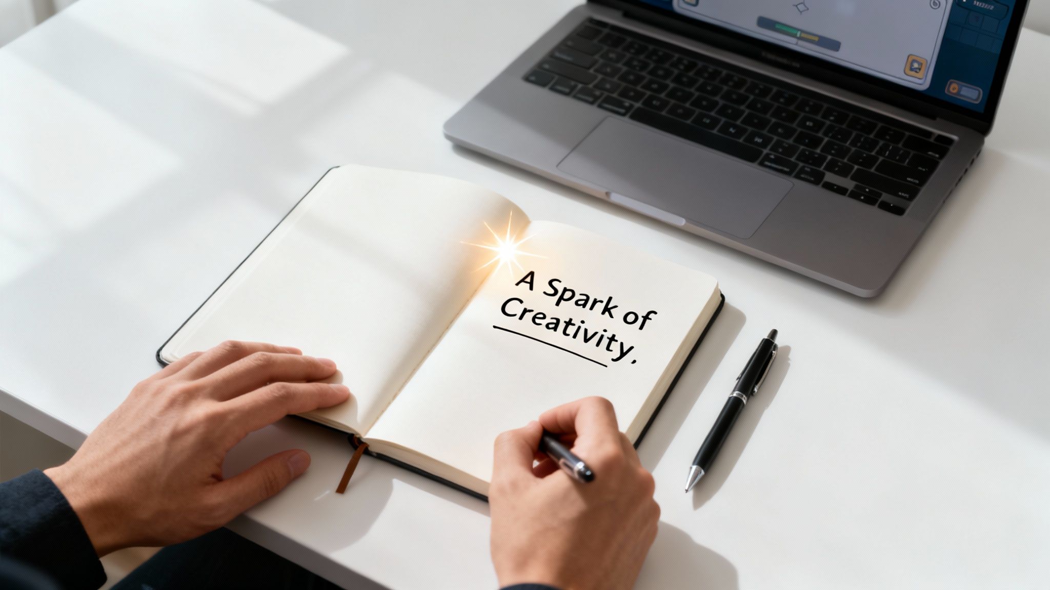 Close-up of hands writing 'A Spark of Creativity' in a notebook on a white desk.