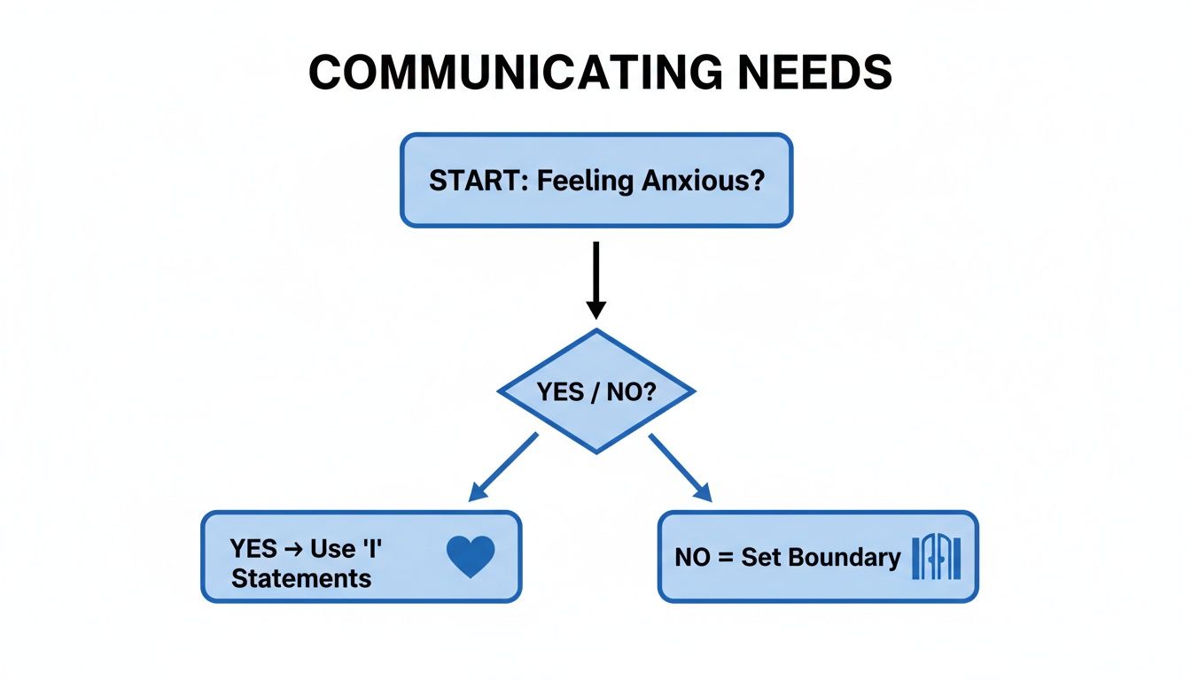 Flowchart for communicating needs: Start with feeling anxious? Yes, use 'I' statements; No, set boundaries.