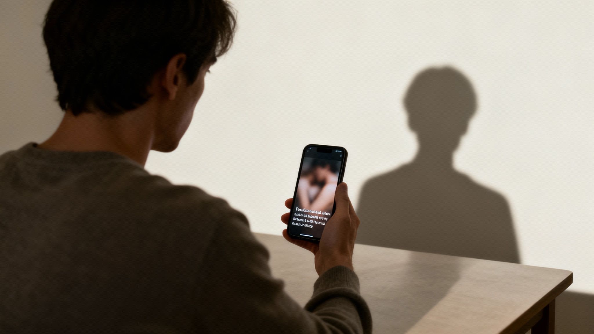 A person views blurred, suggestive content on a smartphone, with a human shadow on the wall.