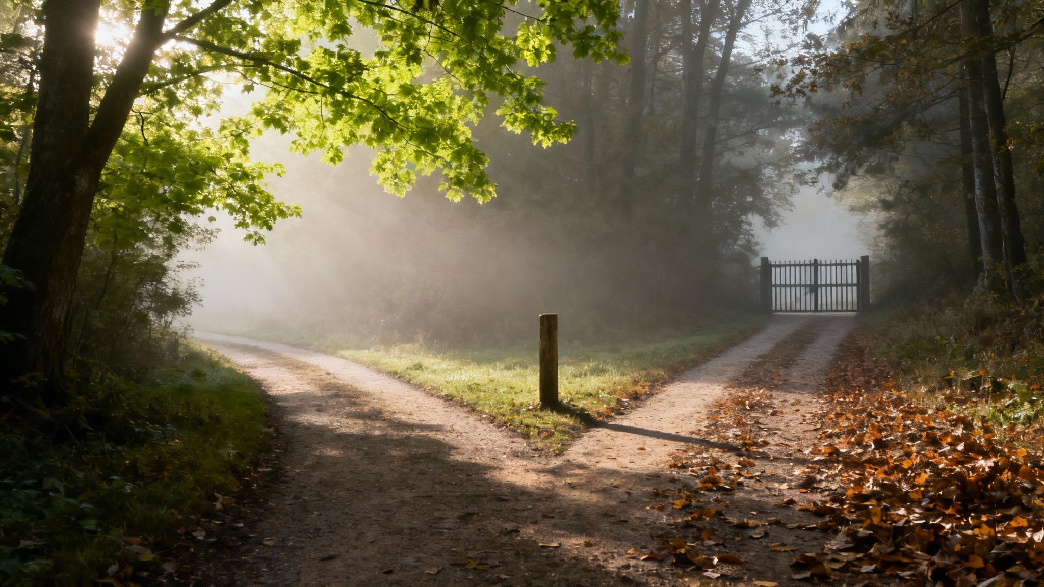 A foggy forest path branches into two, with sunlight piercing through green leaves and a distant gate.