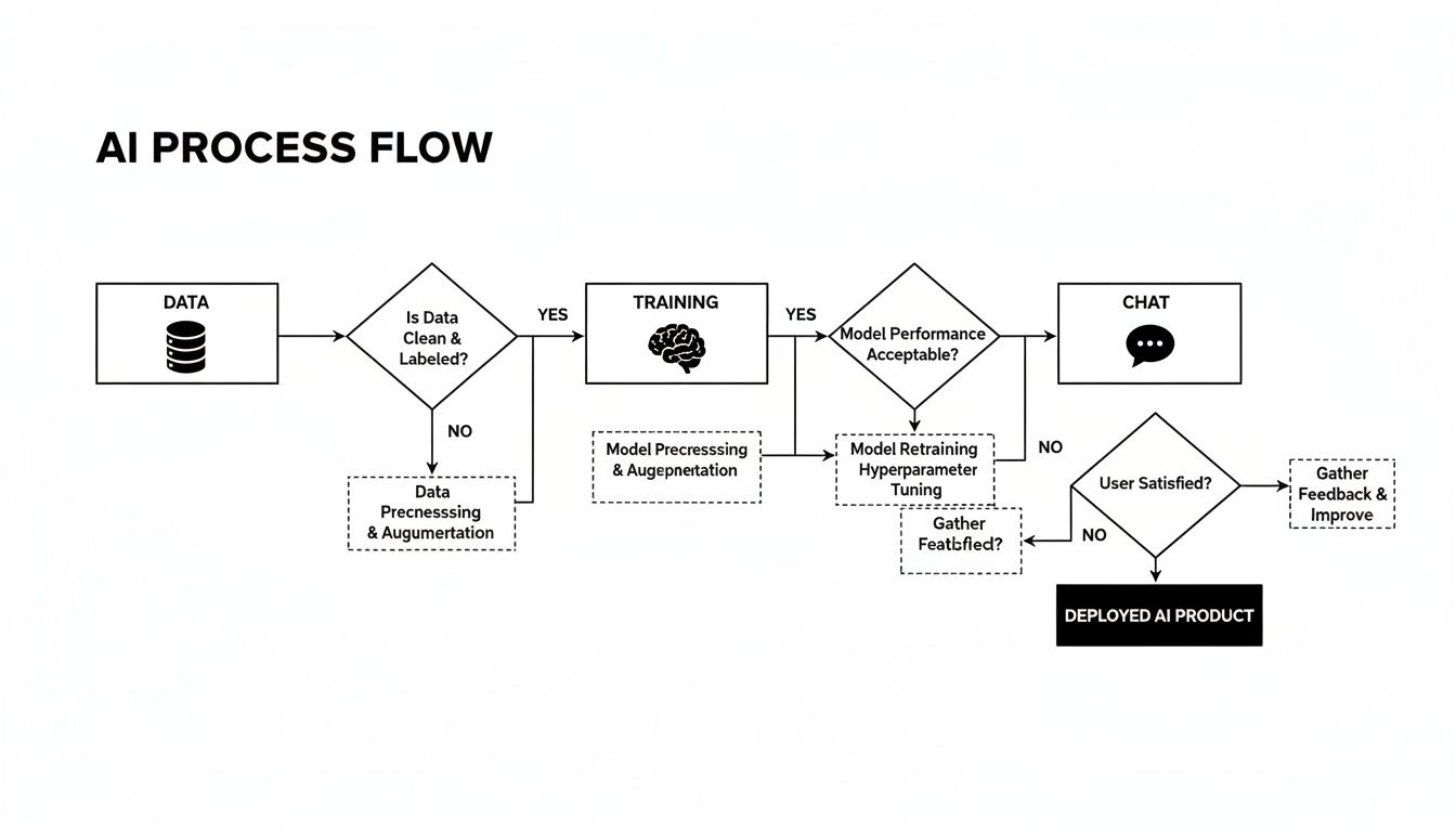 Diagram showing the AI process flow, from data to training, evaluation, and deployment.