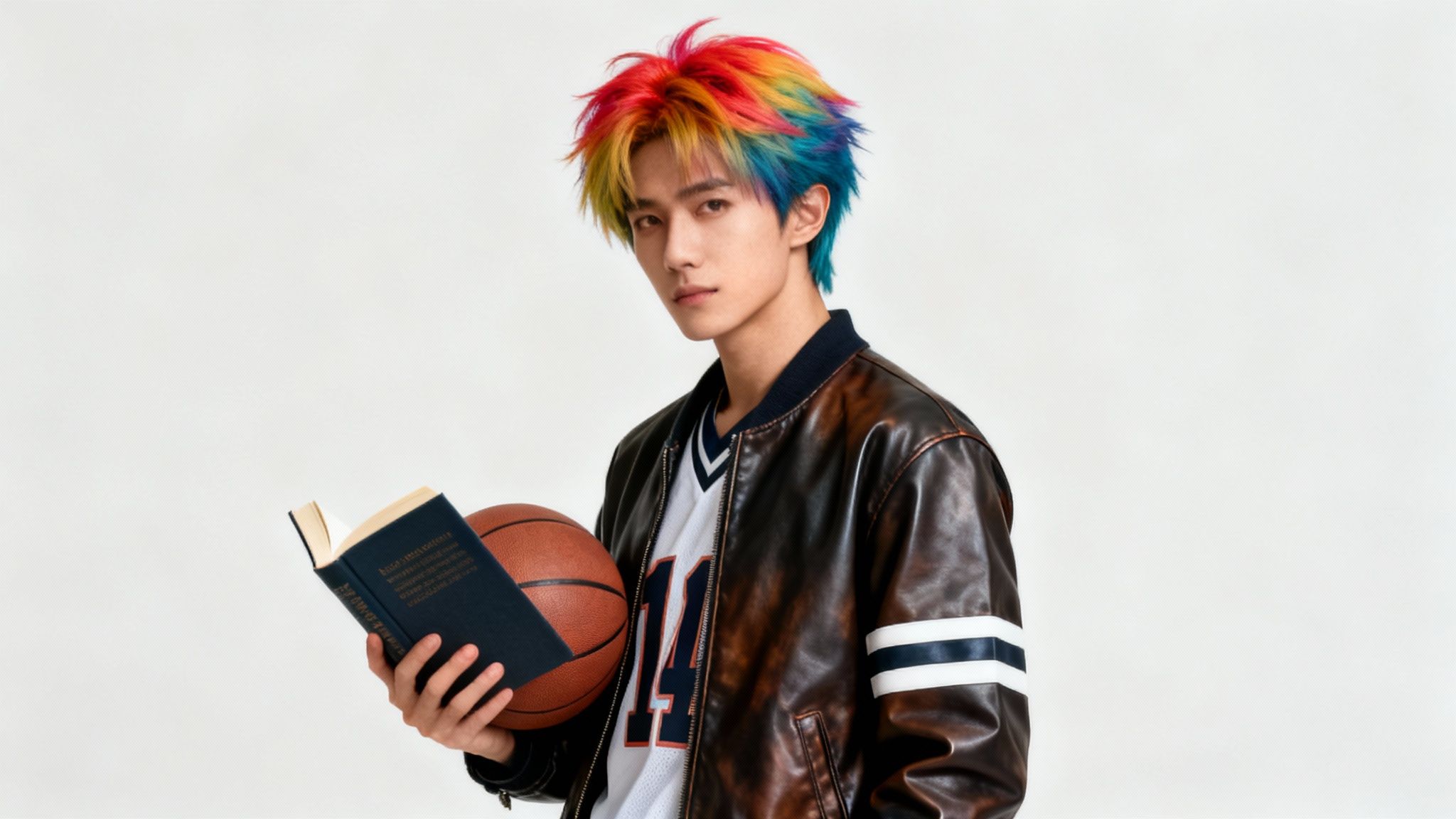 A young man with vibrant rainbow hair, wearing a bomber jacket, holds a book and a basketball.