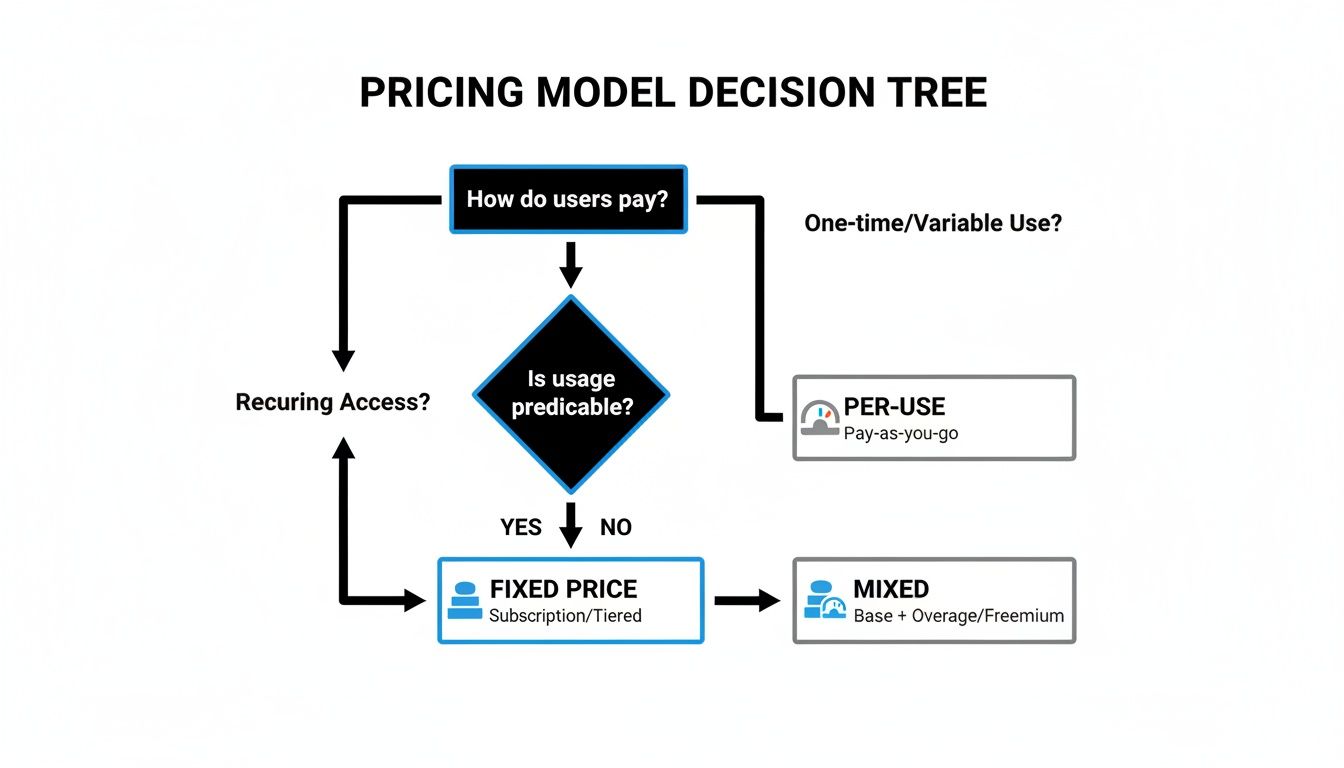 A flowchart decision tree titled 'Pricing Model Decision Tree' guiding the selection of pricing strategies.