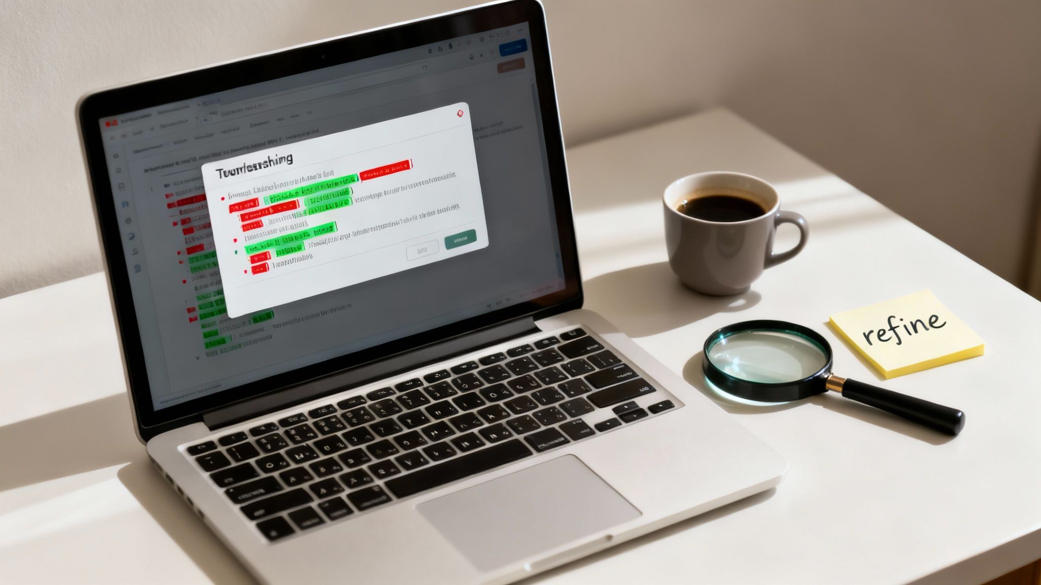 A clean workspace with a laptop displaying a pop-up, a coffee mug, magnifying glass, and a "refine" sticky note.