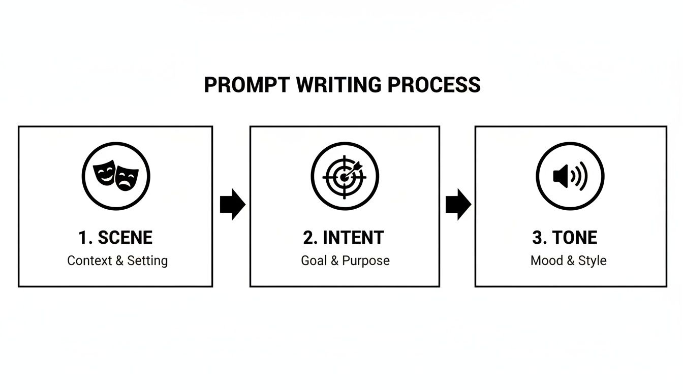 Diagram illustrating a 3-step prompt writing process: Scene, Intent, and Tone.