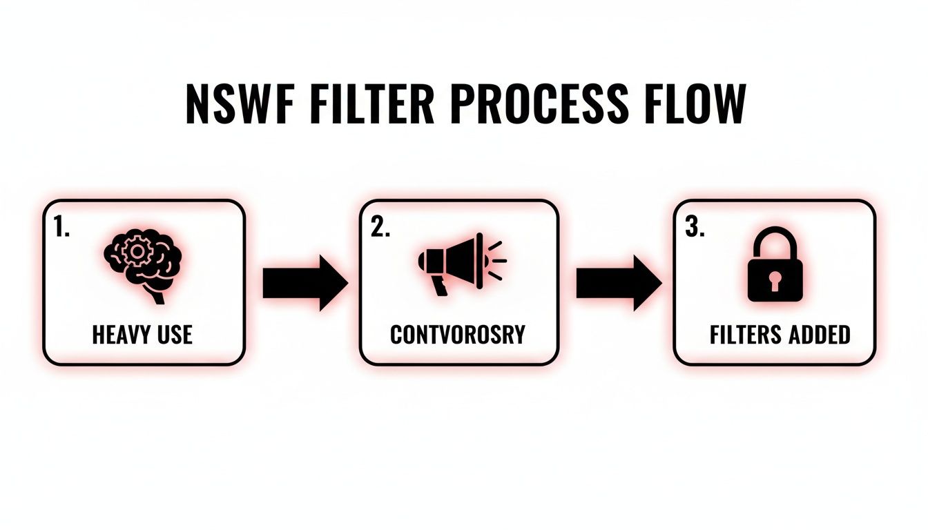 A three-step process flow diagram illustrating NSFW filter implementation: heavy use, controversy, filters added.