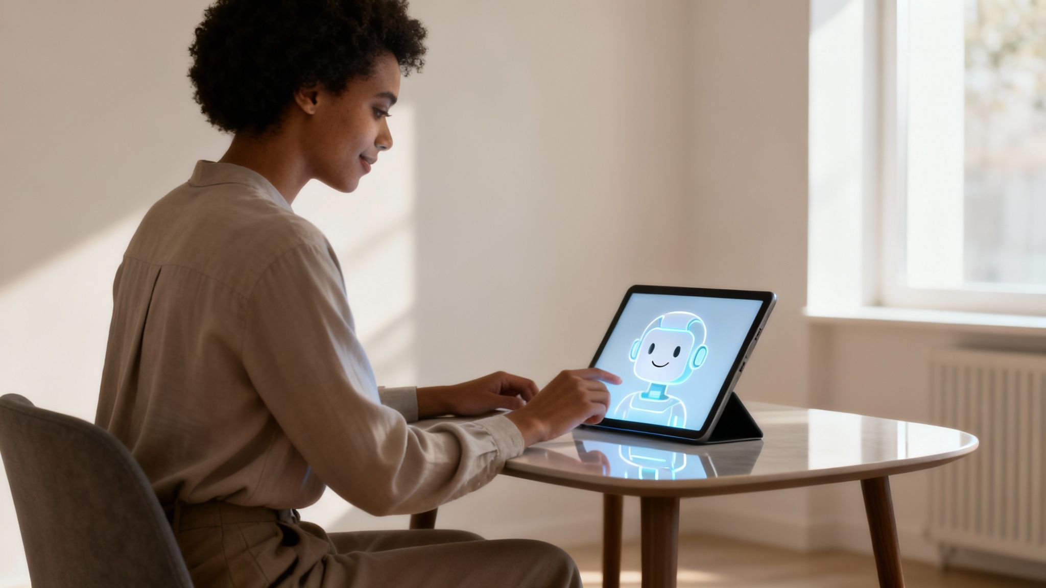 A smiling Black woman uses a tablet displaying a friendly AI chatbot in a bright room.