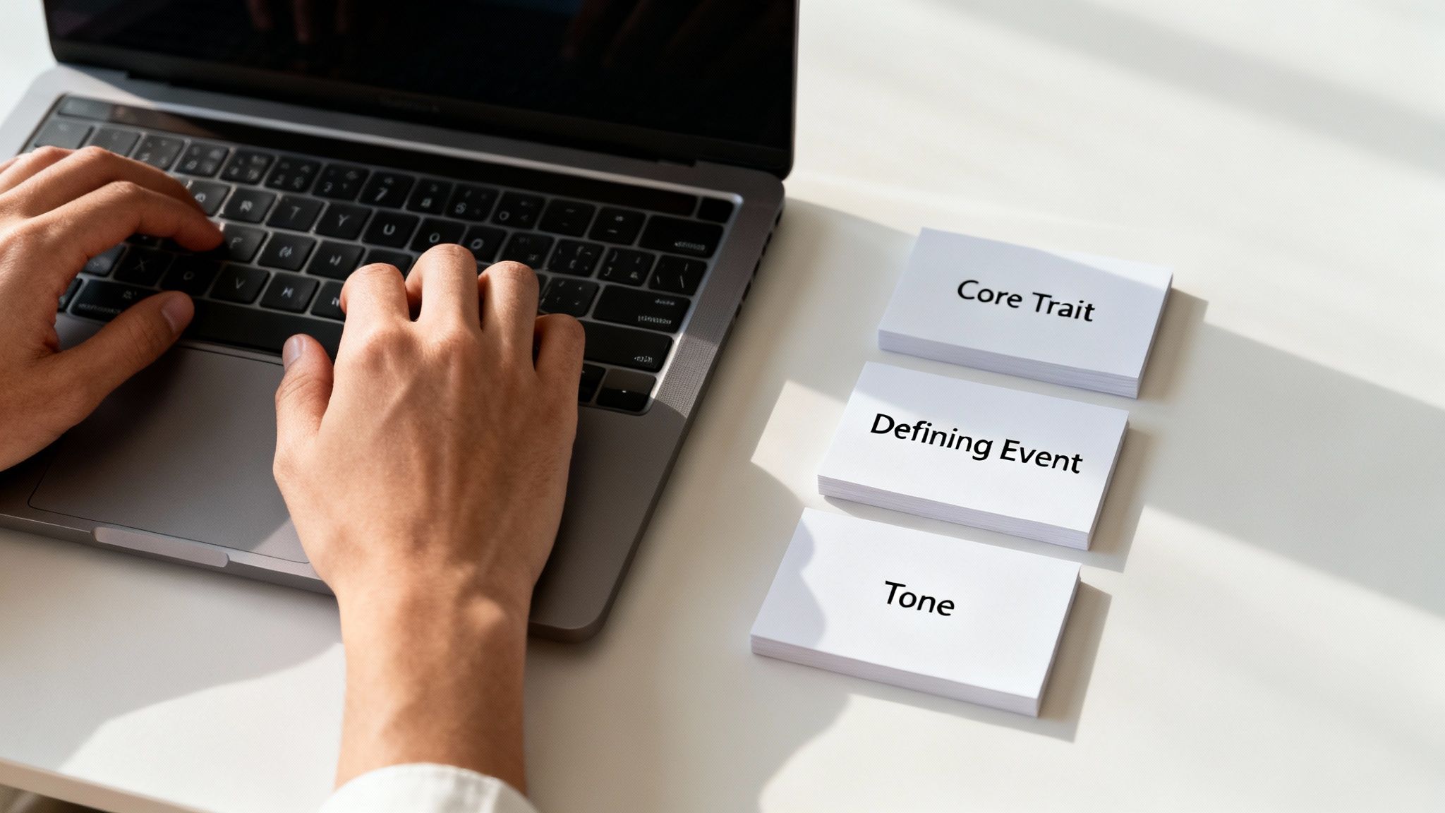 Hands typing on a laptop next to flashcards labeled 'Core Trait', 'Defining Event', 'Tone', for character backstory.