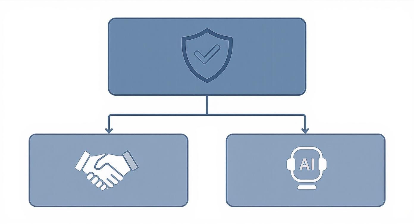 Hierarchical diagram showing security shield with checkmark branching to partnership handshake and AI chat support icons