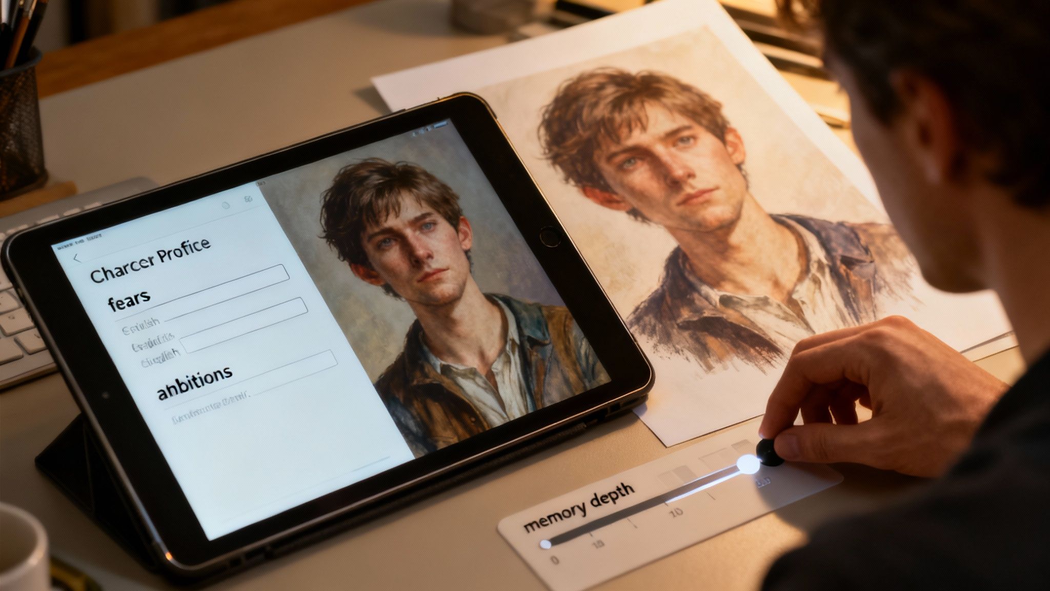Close-up of a person adjusting a 'memory depth' slider while viewing a character profile on a tablet and a painting.