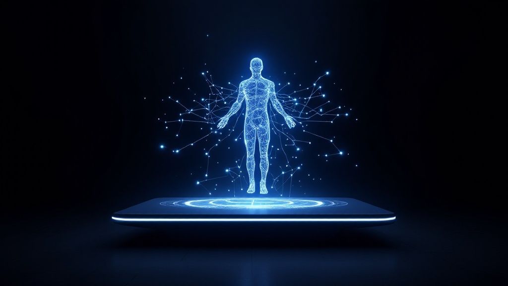 A person looking at a screen with a question mark symbol, surrounded by glowing abstract digital nodes and connections.