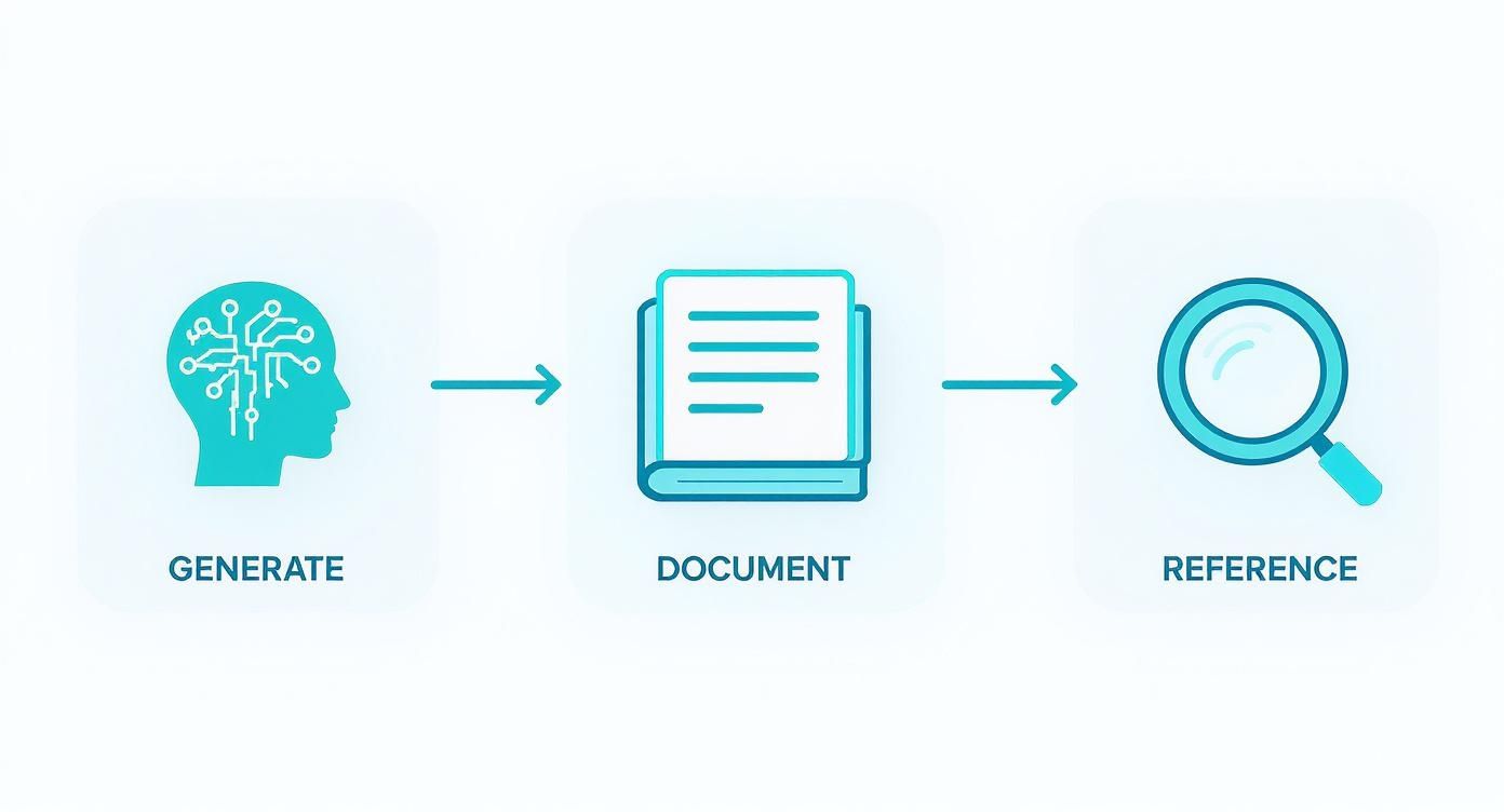 A three-step AI workflow: generating data, documenting it in a book, and referencing with a magnifying glass.