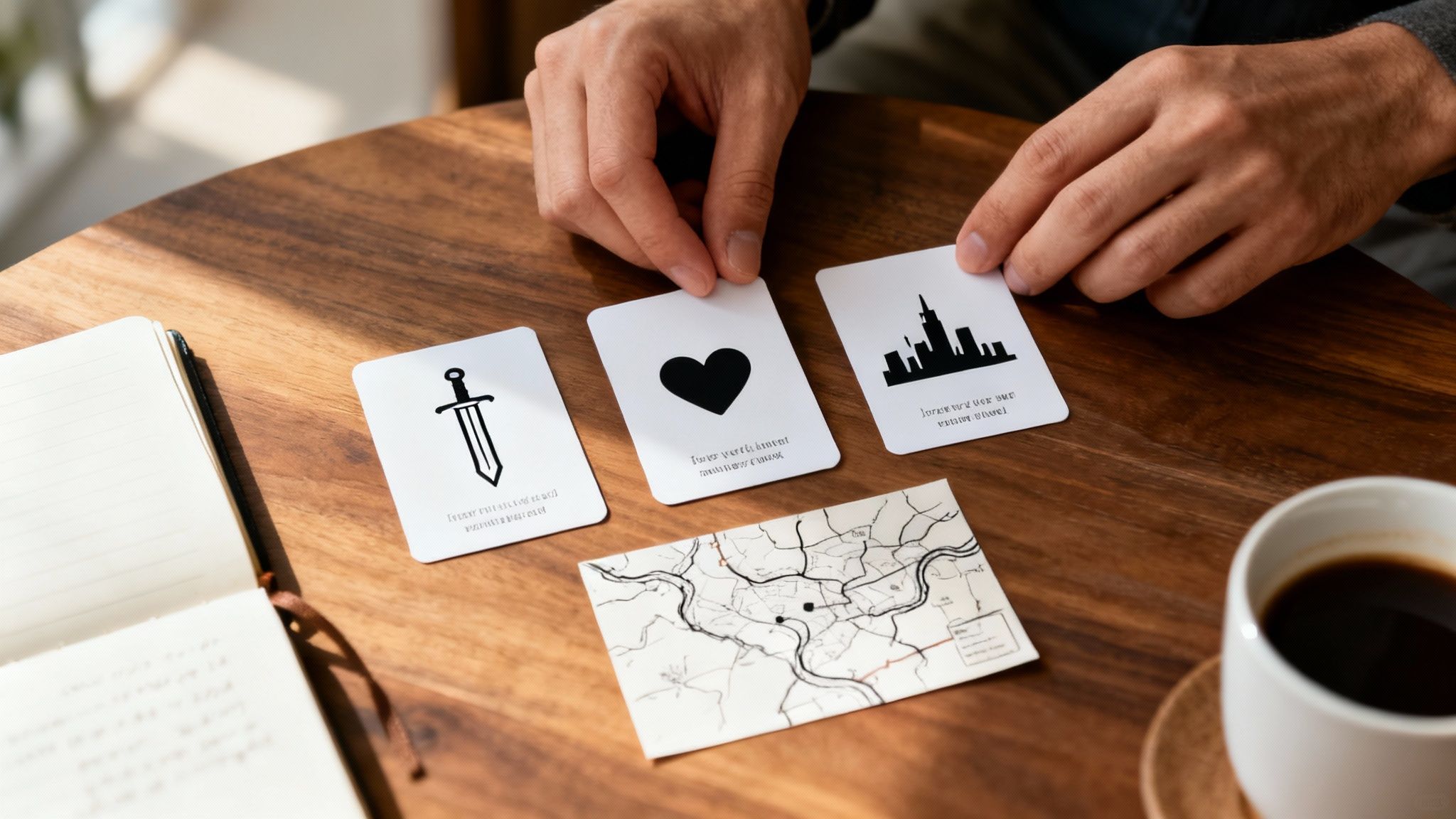 Hands arranging game cards featuring a sword, heart, and city skyline on a wooden table.