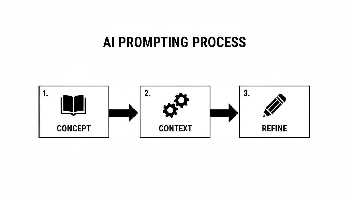 Flowchart illustrating the AI prompting process, including Concept, Context, and Refine steps.