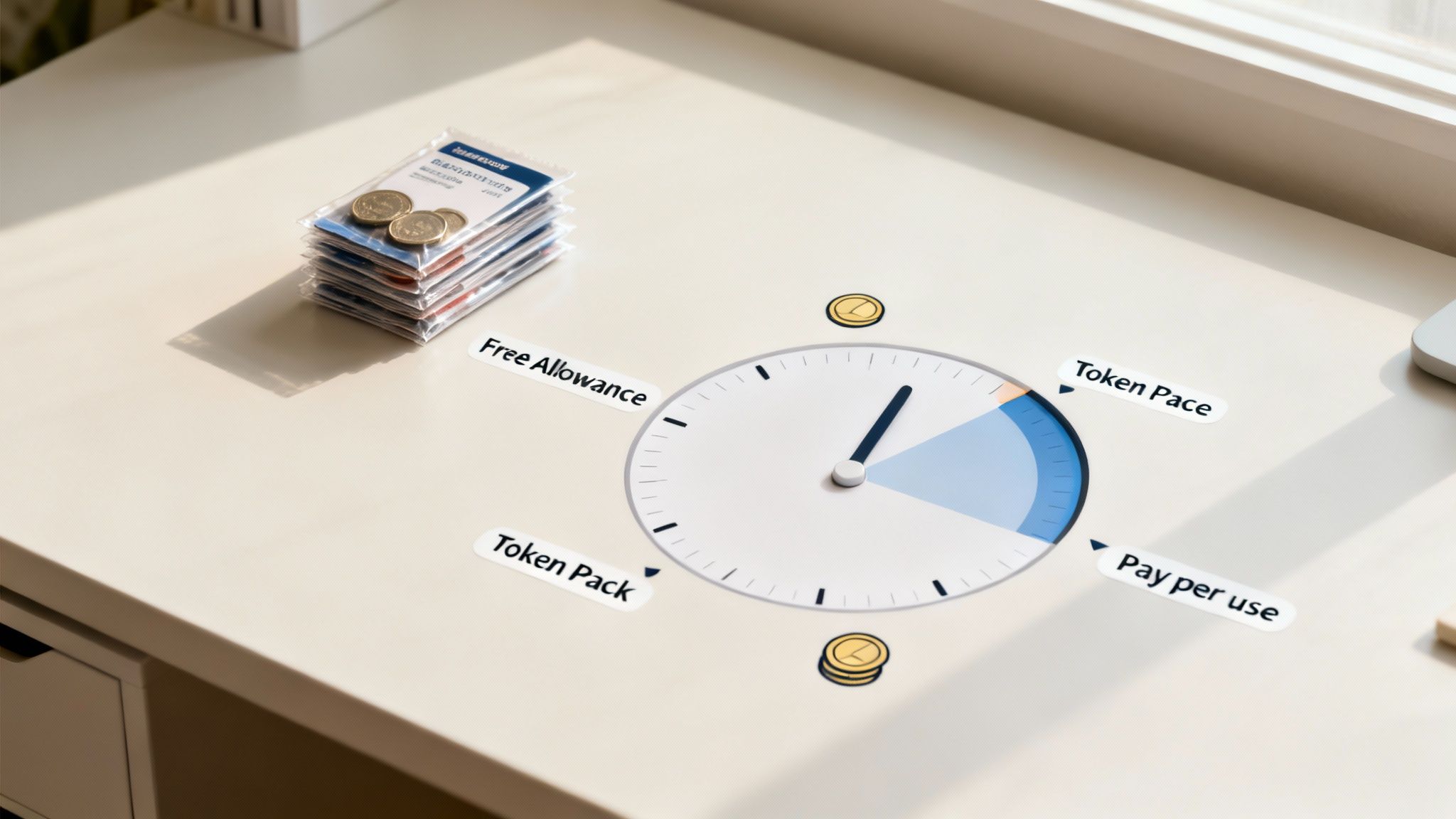 A desk illustrating pricing models with a clock, coins, and labels: Free Allowance, Token Pace, Pay per use, Token Pack.