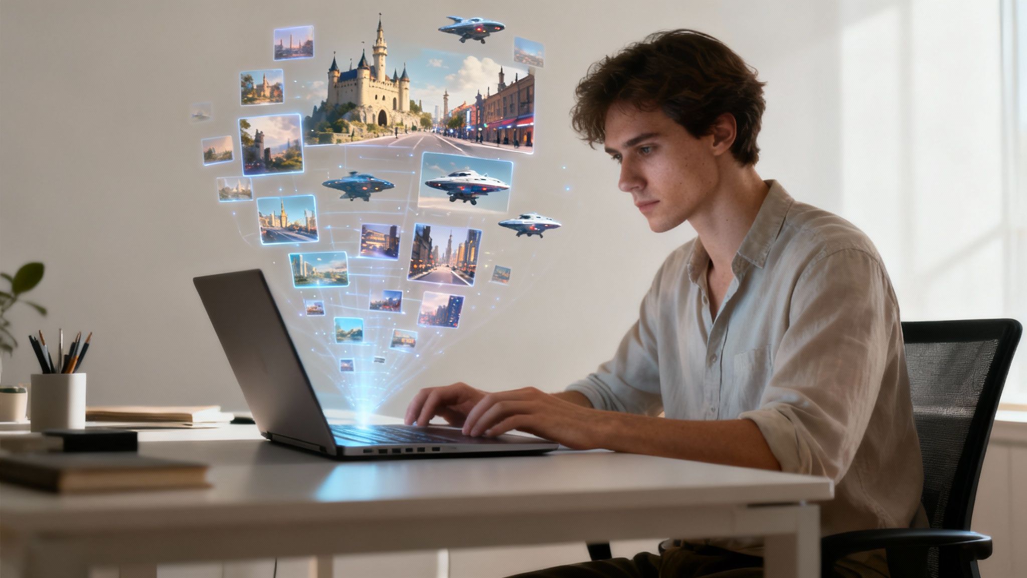 A person engrossed in their phone, with fantastical characters appearing around them, symbolizing the world of AI roleplay.