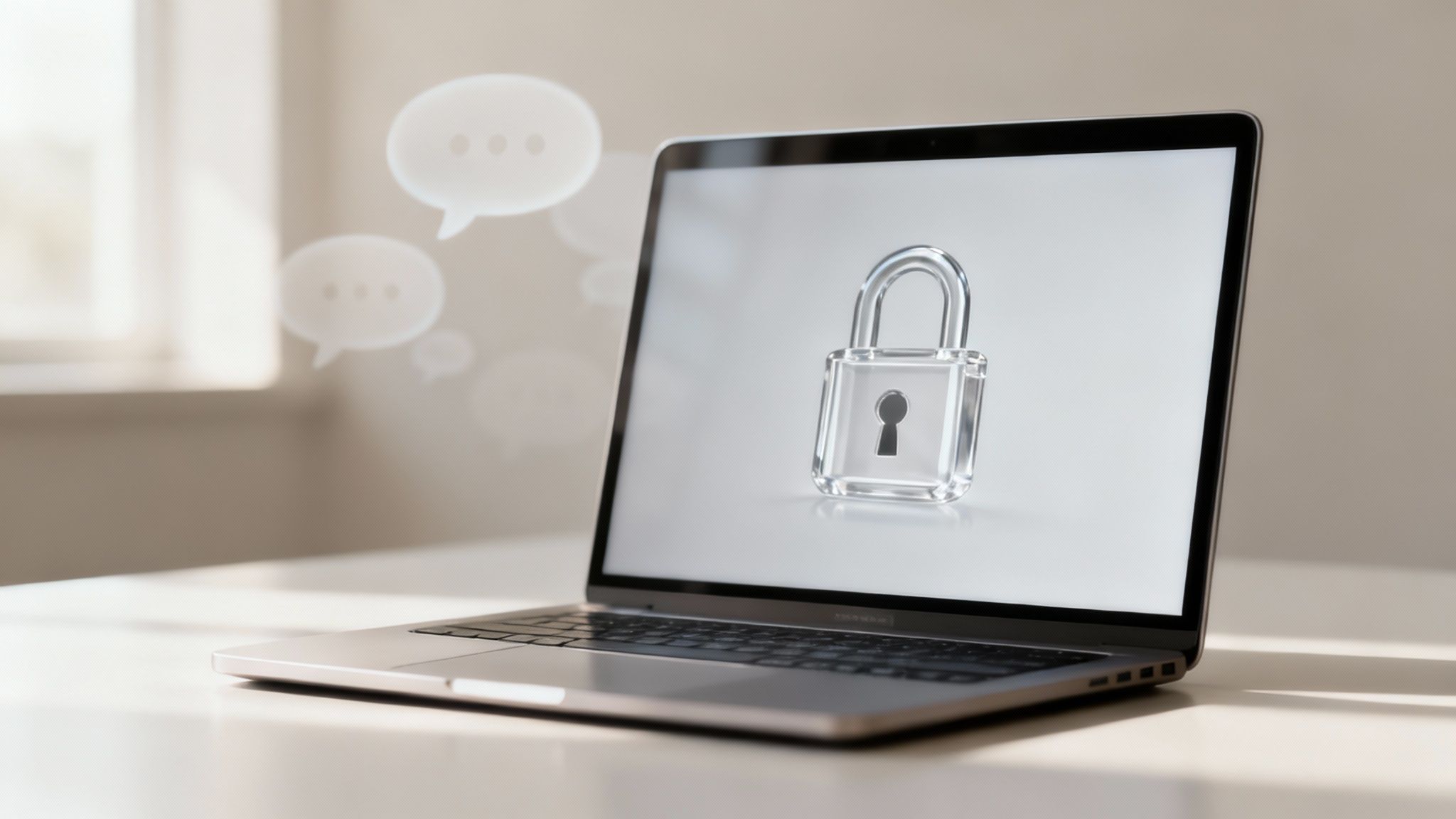 A laptop with a clear padlock icon on screen and floating chat bubbles, representing secure digital communication.