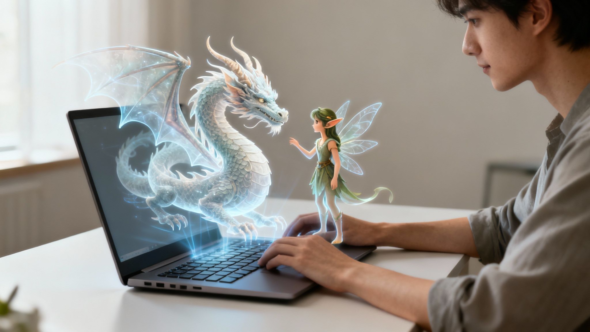 A person interacts with a laptop projecting a glowing fantasy dragon and fairy.