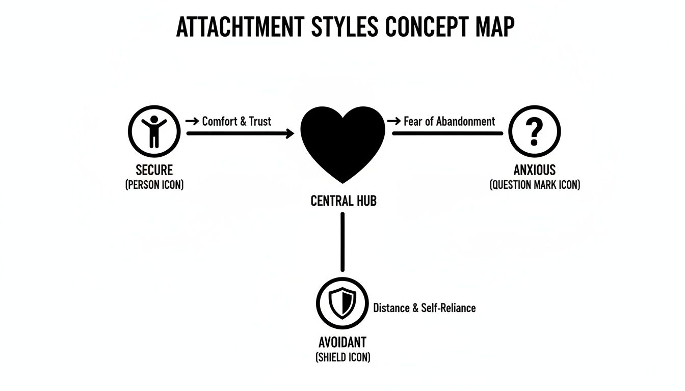 Concept map illustrating attachment styles: Secure, Anxious, and Avoidant, linking to a central hub.
