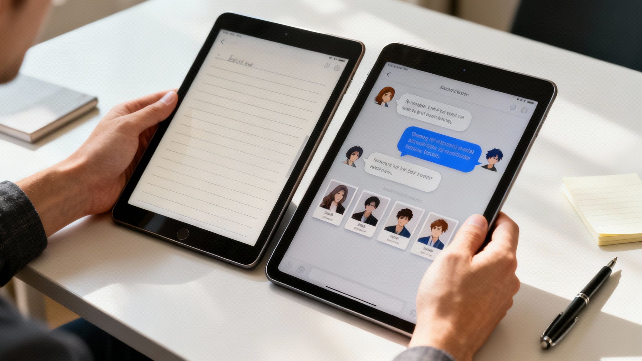 A person holds two tablets, one with a notes app, the other displaying a chat app with anime avatars.