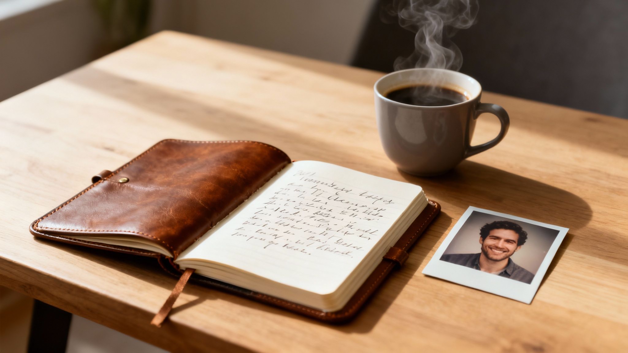 An open brown journal, steaming coffee, and a polaroid photo of a smiling man on a wooden table.