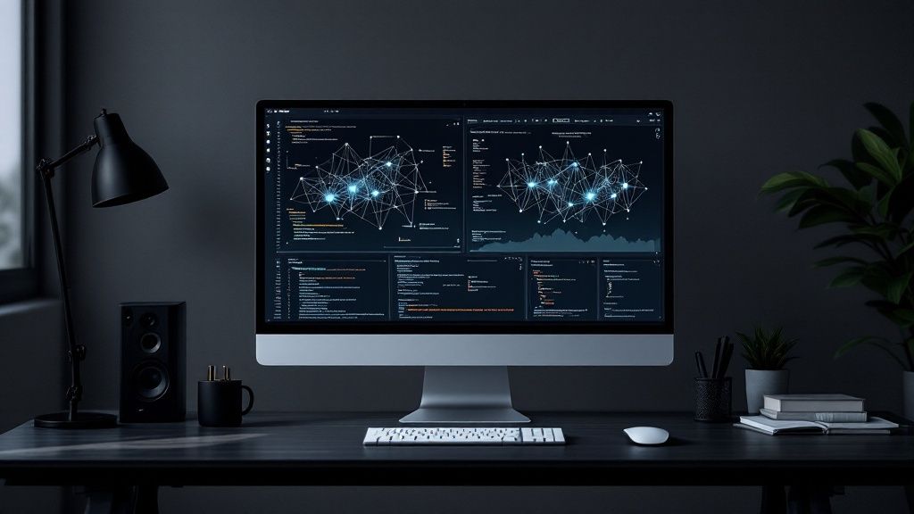 A person typing on a futuristic keyboard, with glowing lines of code and abstract shapes flowing from their fingers towards a screen, representing the creative process of writing an AI prompt.
