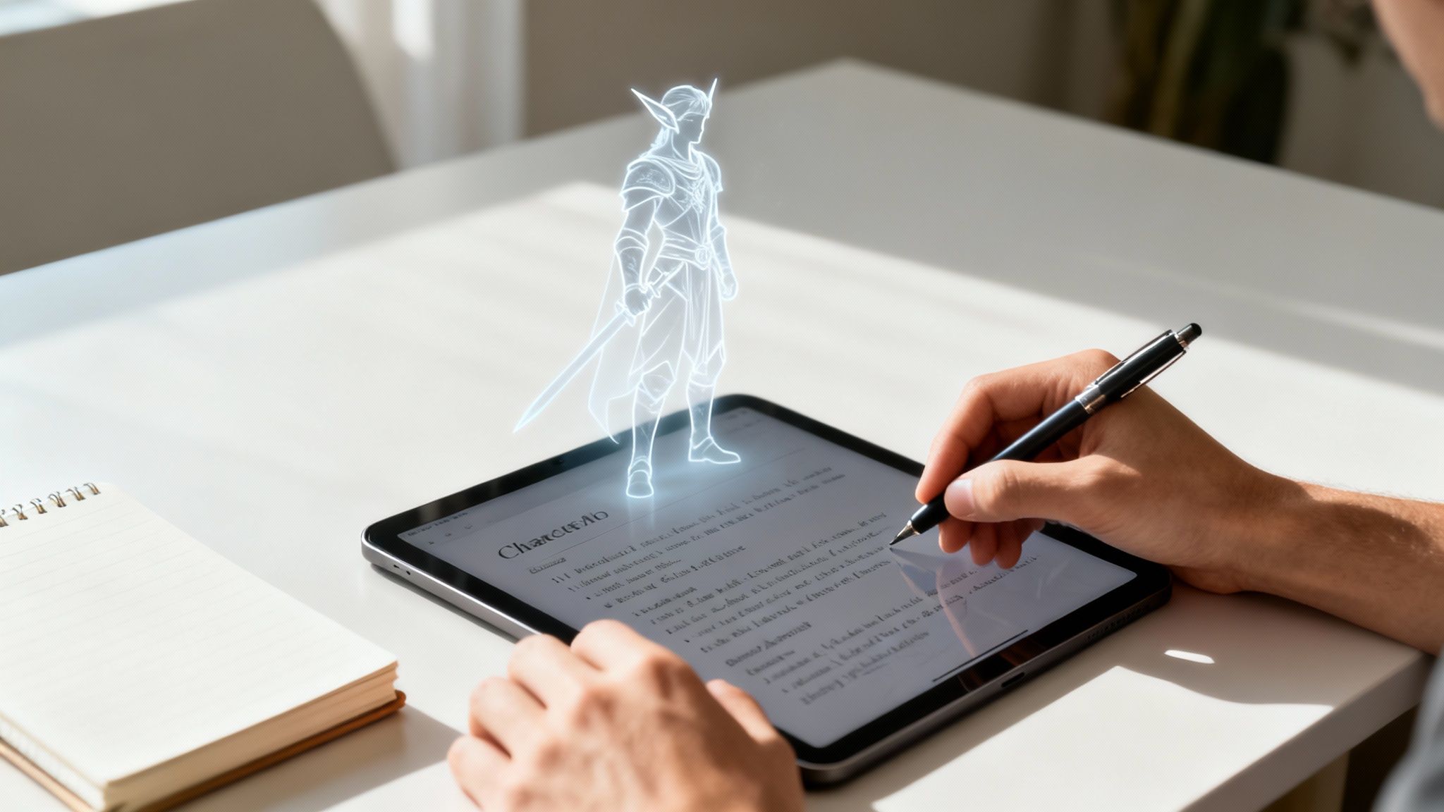 A person writes on a tablet with a stylus, featuring a glowing fantasy character hologram above the screen.