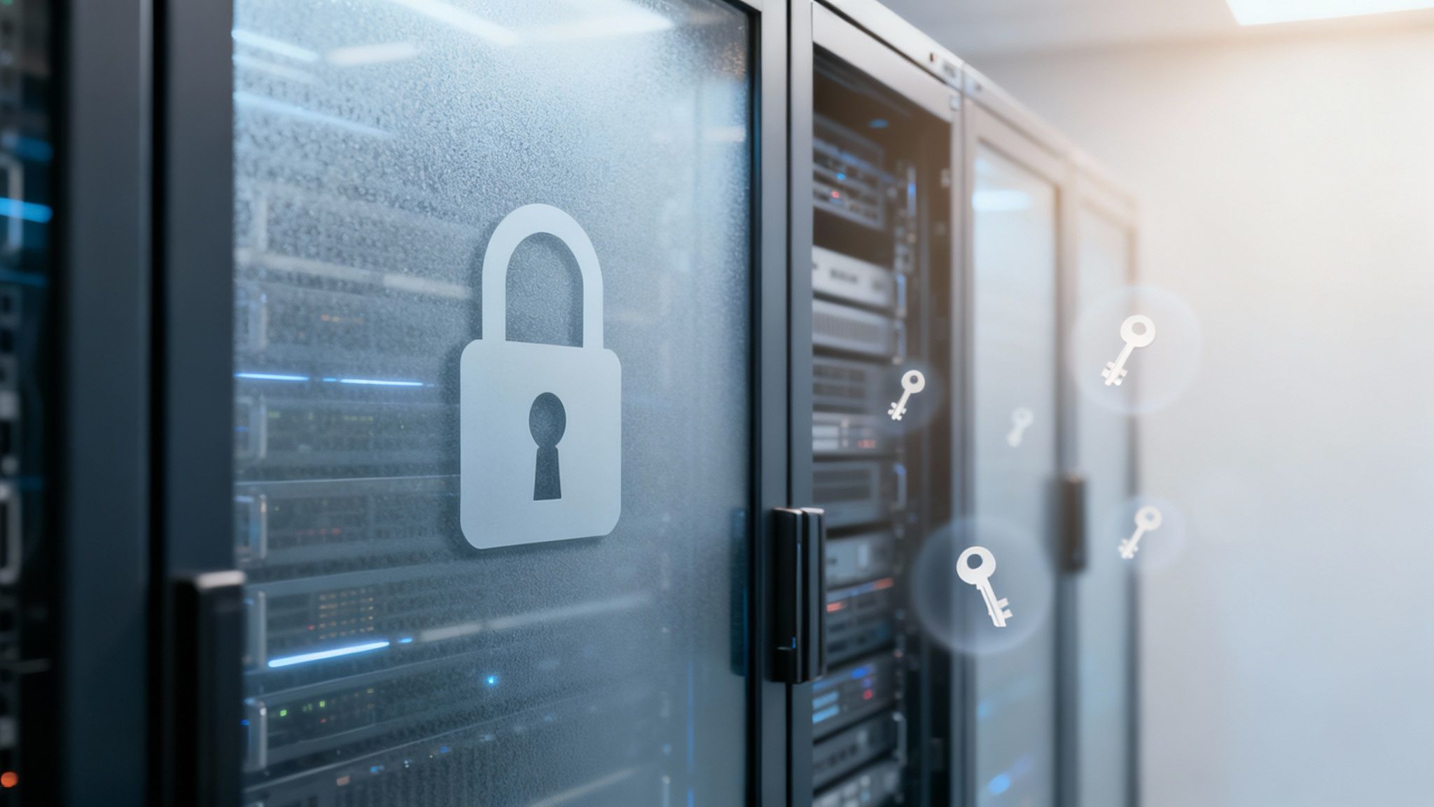 Digital padlock and floating keys symbolize data protection in a secure server room.