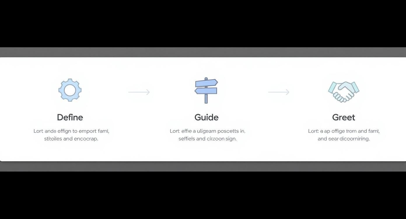 Three-step process diagram with icons: gear for Define, signpost for Guide, handshake for Greet.